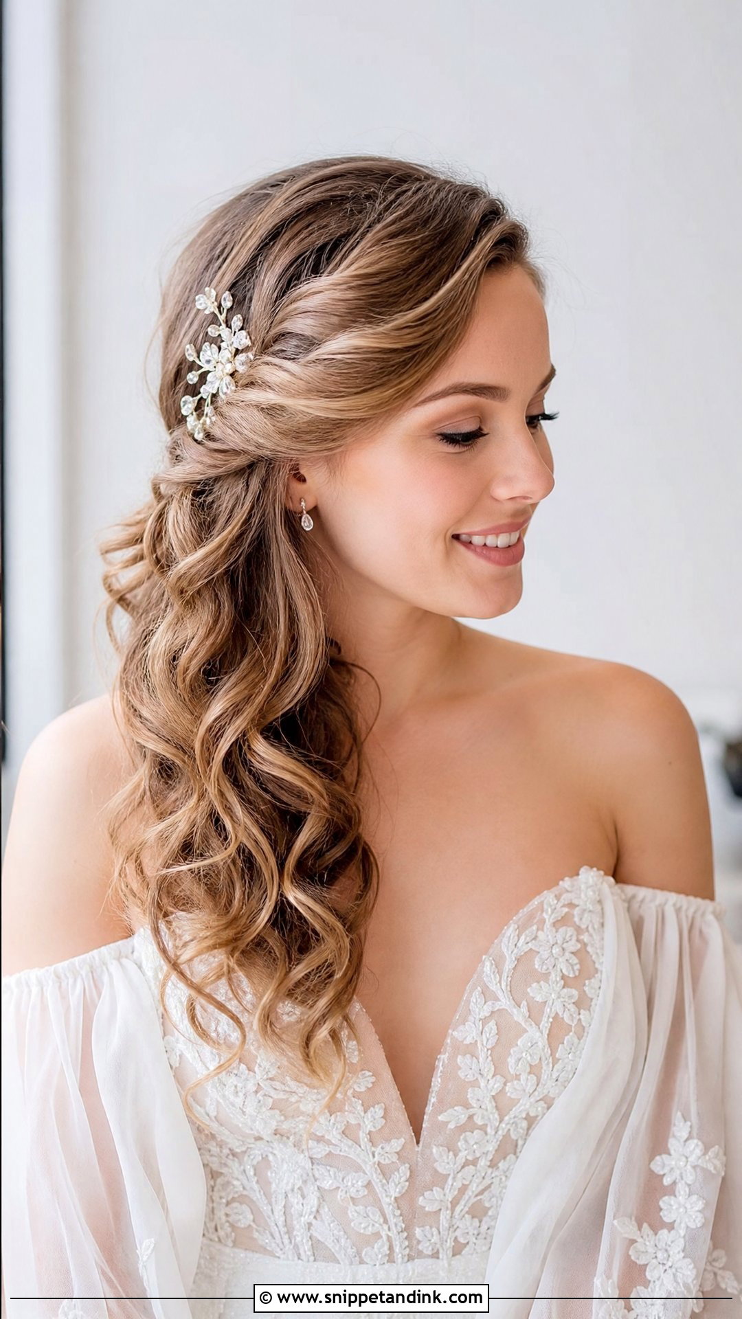 Soft Romantic Waves With Side Part - Snippet and Ink - 20 Bridal Hair Style Ideas