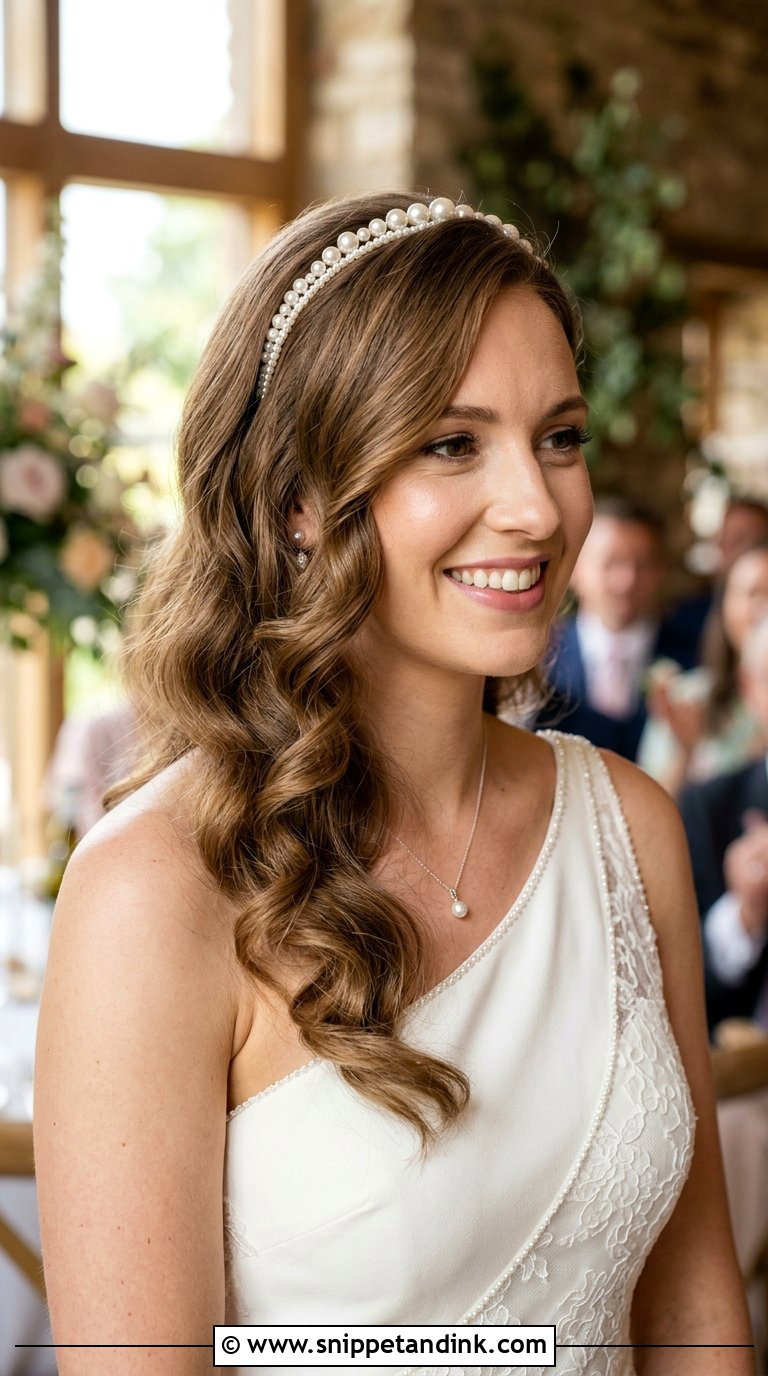Soft Side Swept Curls With Pearl Headband - Snippet and Ink - 20 Bridal Hair with Headband Ideas