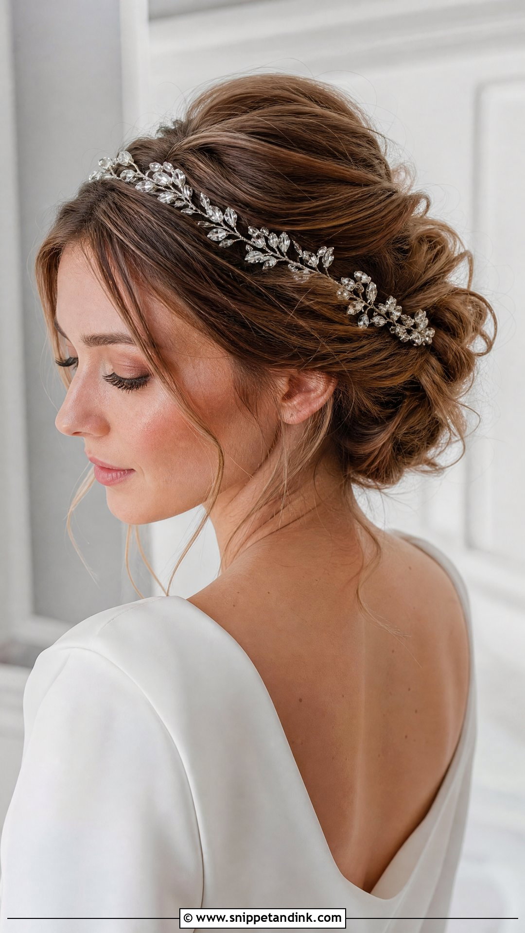 Soft Updo With Crystal Hair Vine Crown - Snippet and Ink - 20 Christian Bride Hairstyle with Crown Ideas