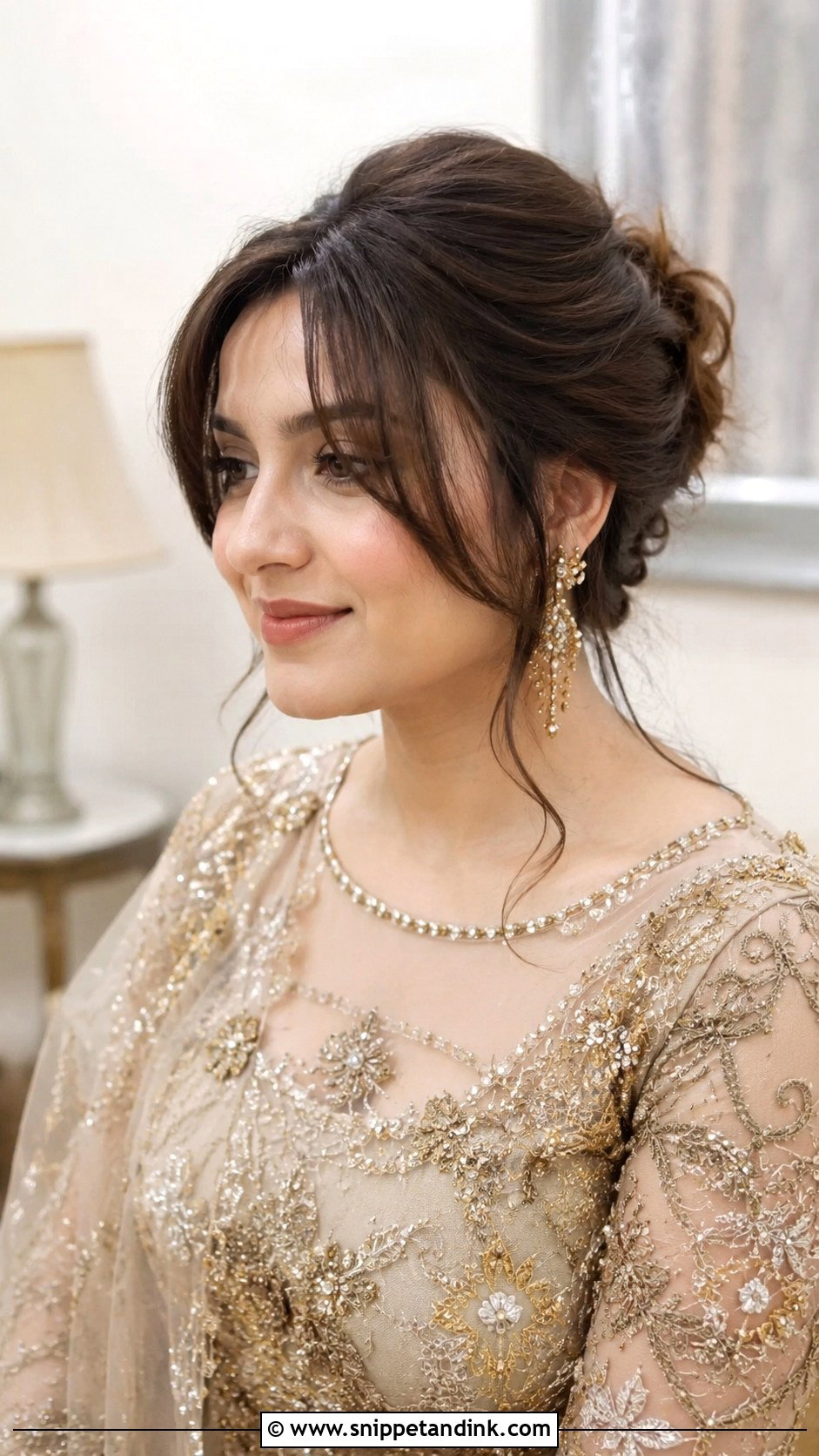 Soft Updo With Curtain Bangs - Snippet and Ink - 25 Pakistani Wedding Hairstyles