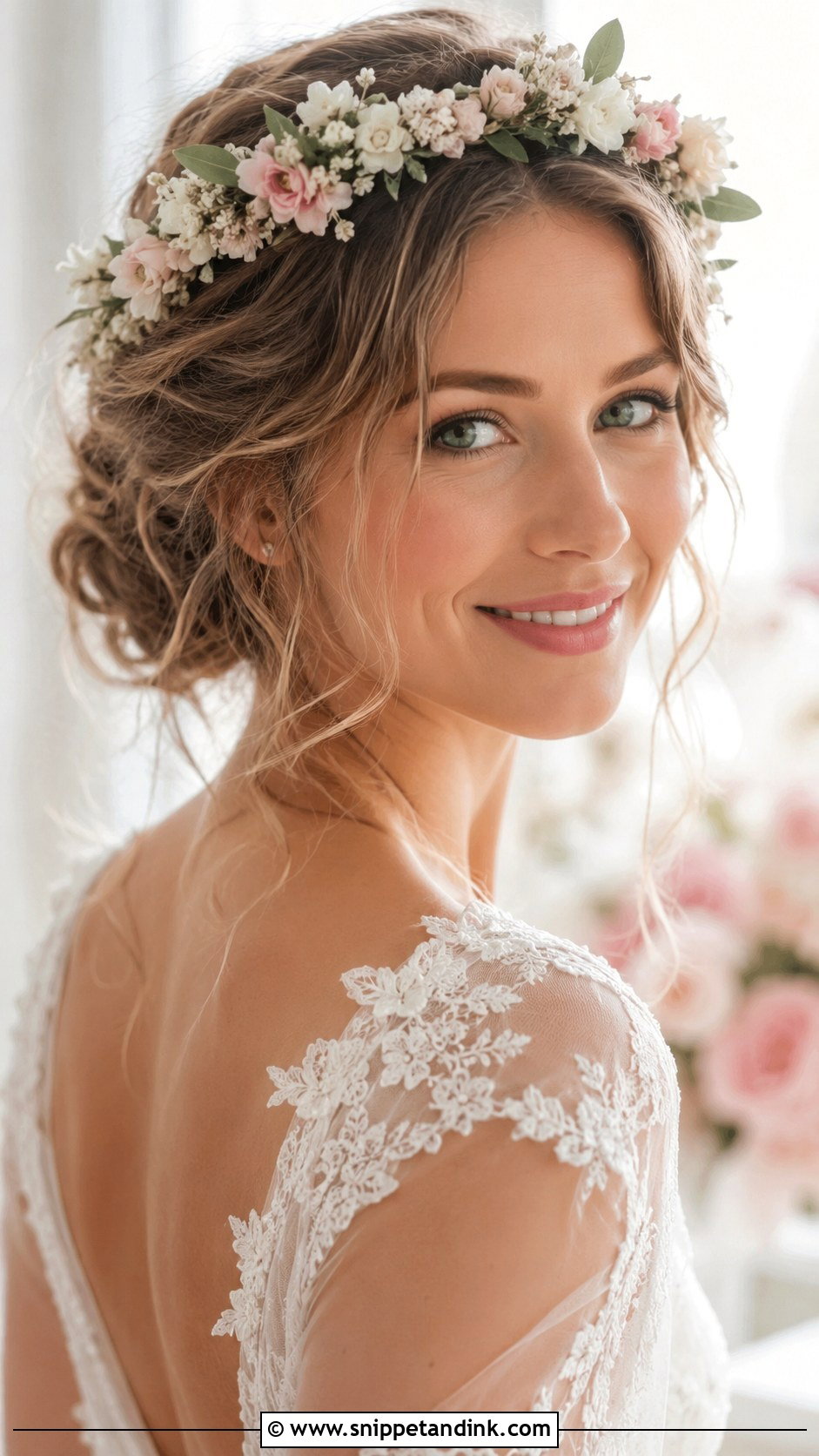 Soft Updo With Flower Crown - Snippet and Ink - 20 Crown Wedding Hair Ideas