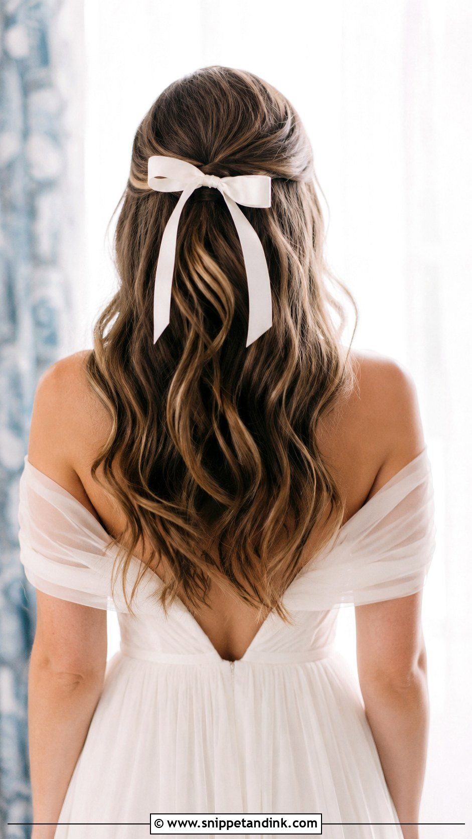 Soft Waves Half Up With Bow - Snippet and Ink - 25 Hailey Bieber Wedding Hair Ideas