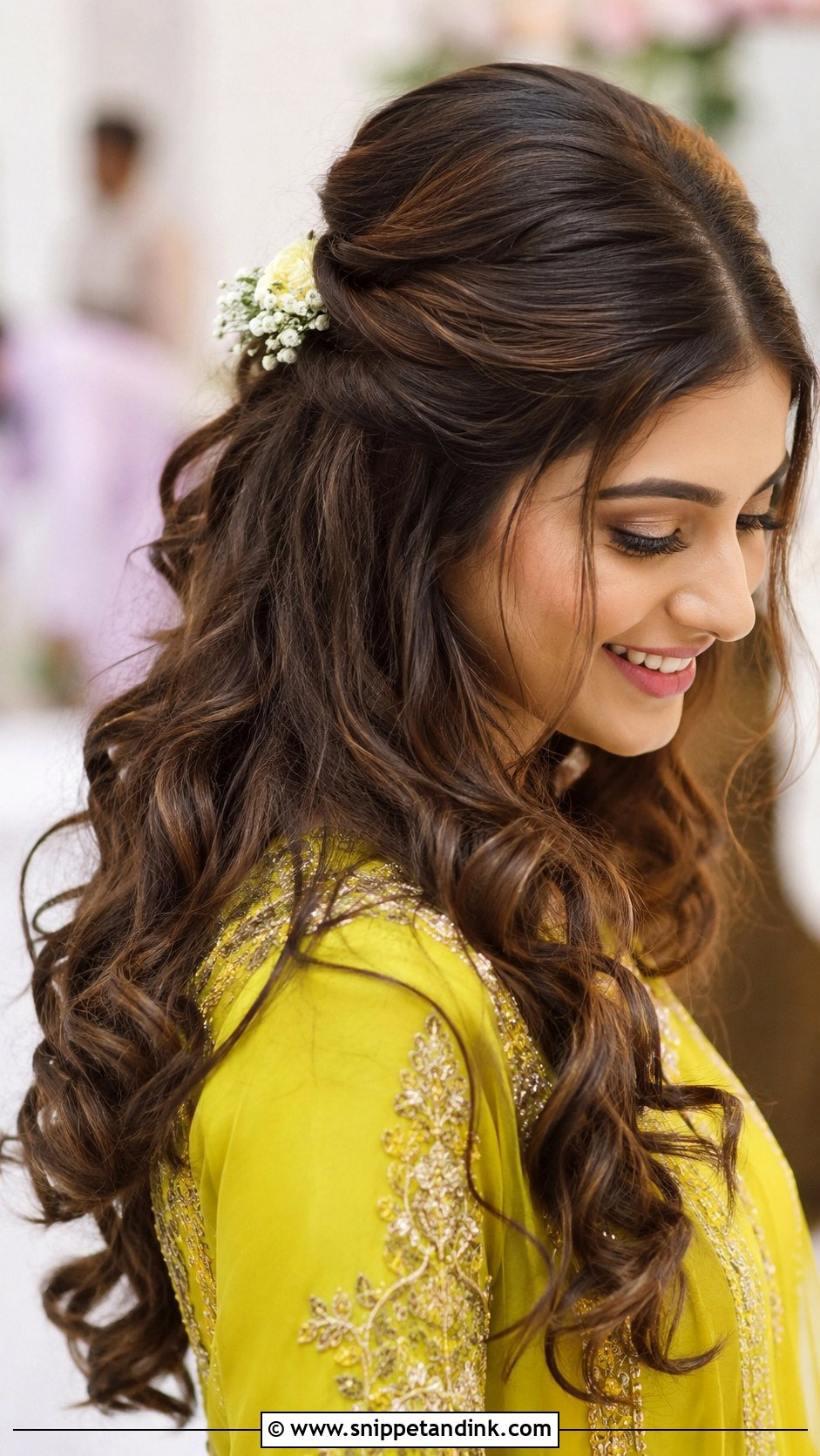 Soft Waves Half Updo For Mehendi - Snippet and Ink - 30 Indian Hairstyle for Wedding Ideas