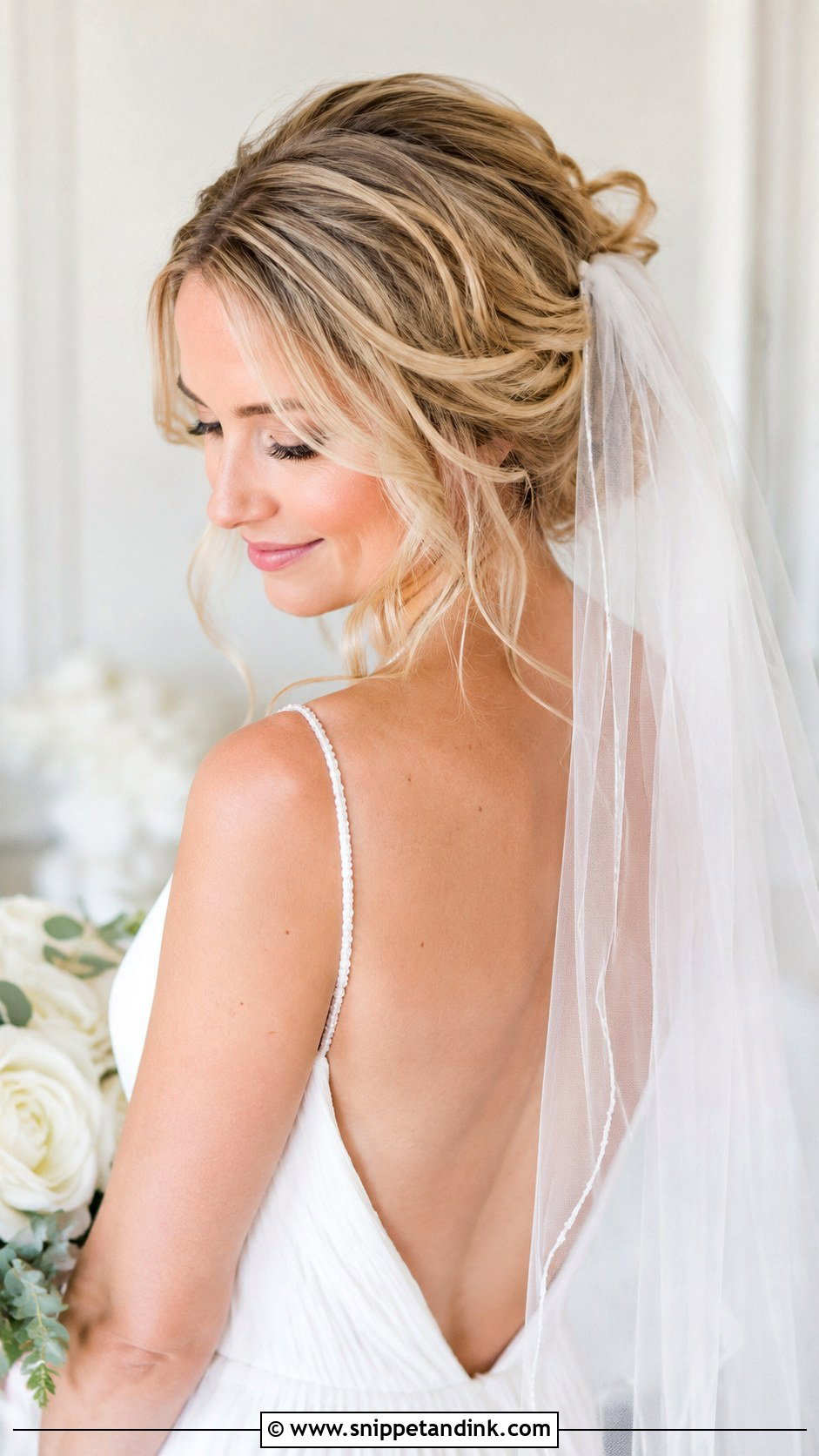 Soft Waves Updo With Fingertip Veil - Snippet and Ink - 25 Updo with Veil Ideas