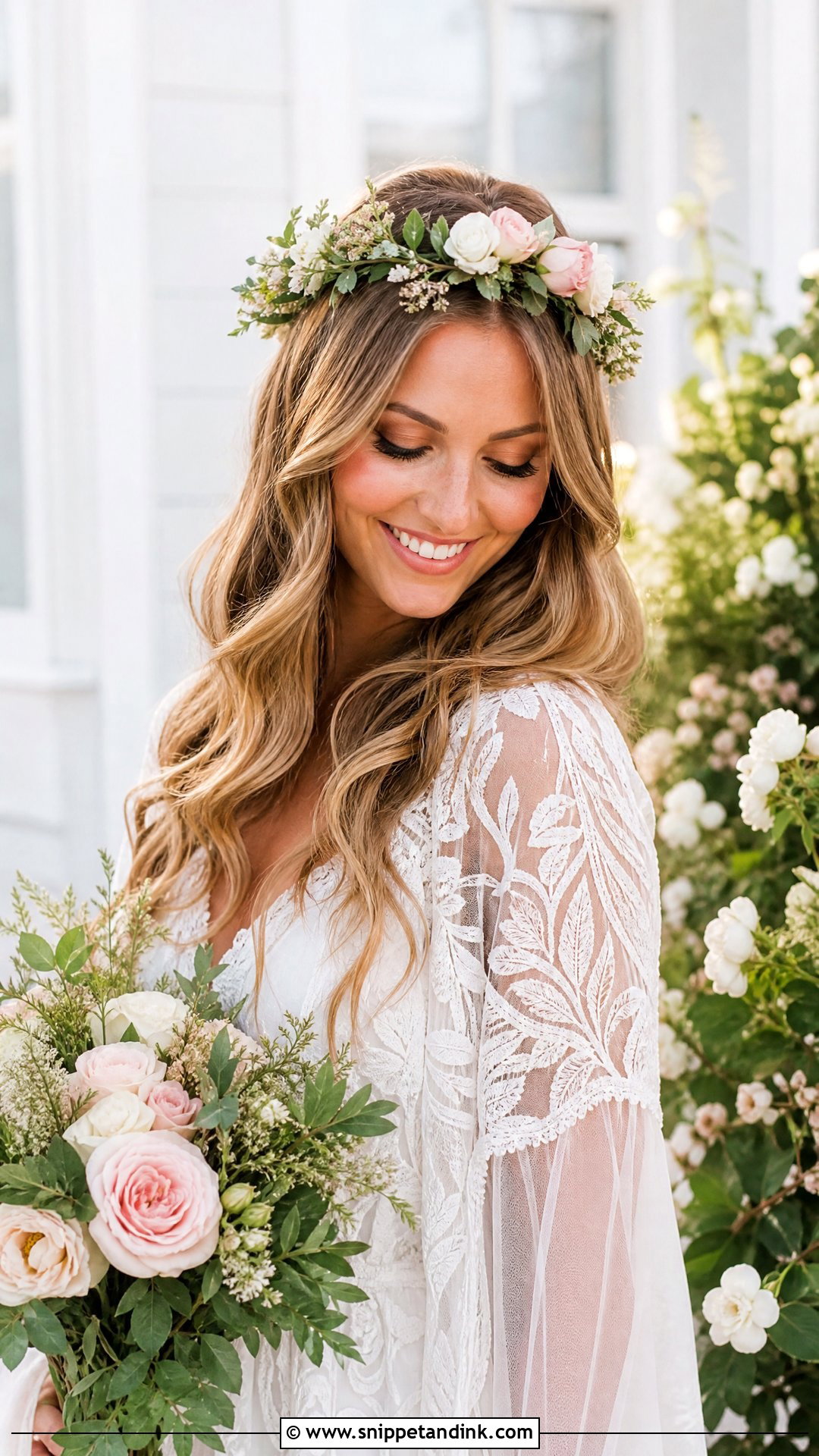 Soft Waves With Floral Crown - Snippet and Ink - 20 Wedding Hair Inspo Ideas