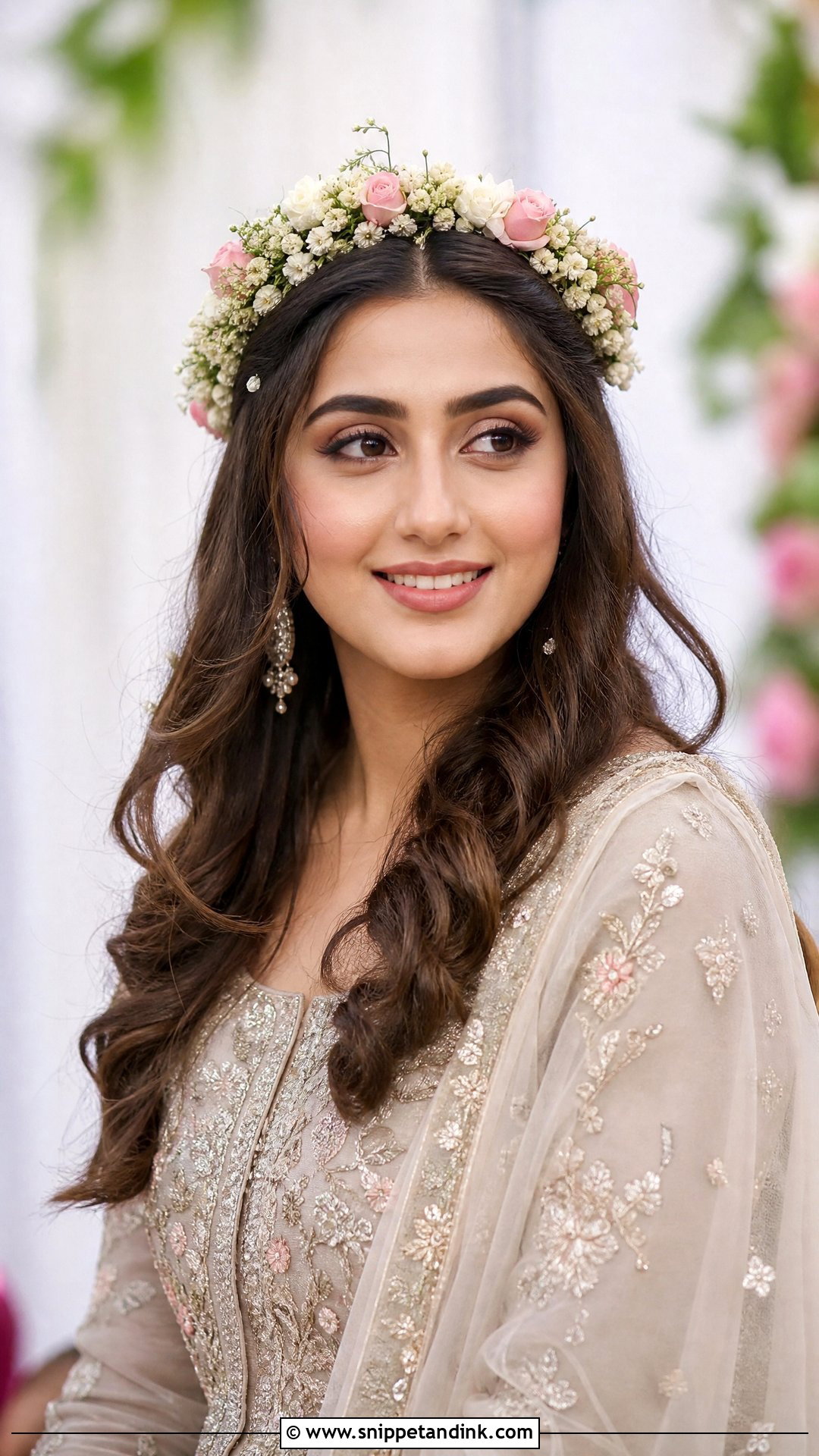 Soft Waves With Floral Crown - Snippet and Ink - 20 Pakistani Bridal Hairstyles Nikah