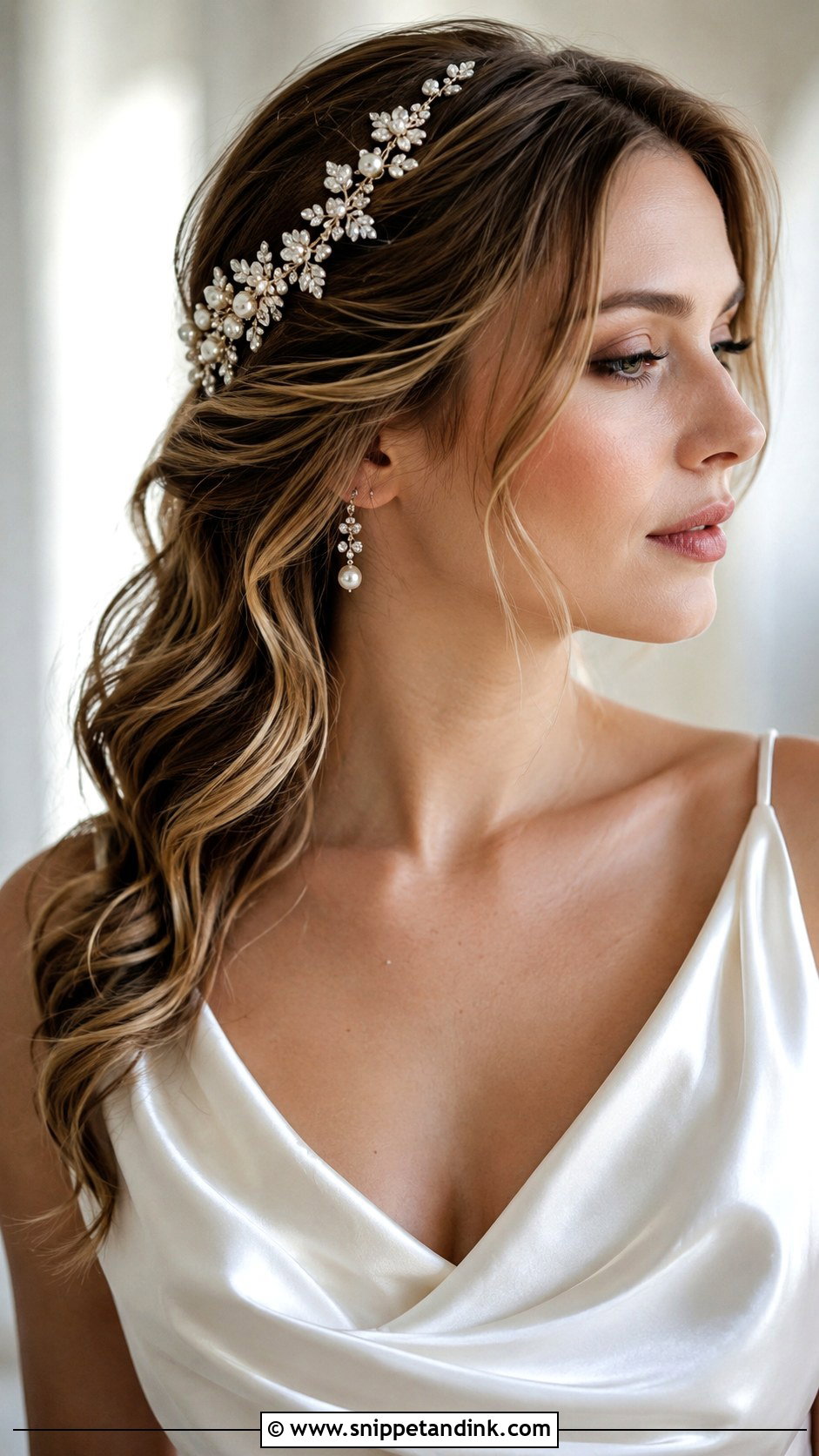 Soft Waves With Floral Hair Drape - Snippet and Ink - 20 Bridal Hair Down with Headpiece Ideas