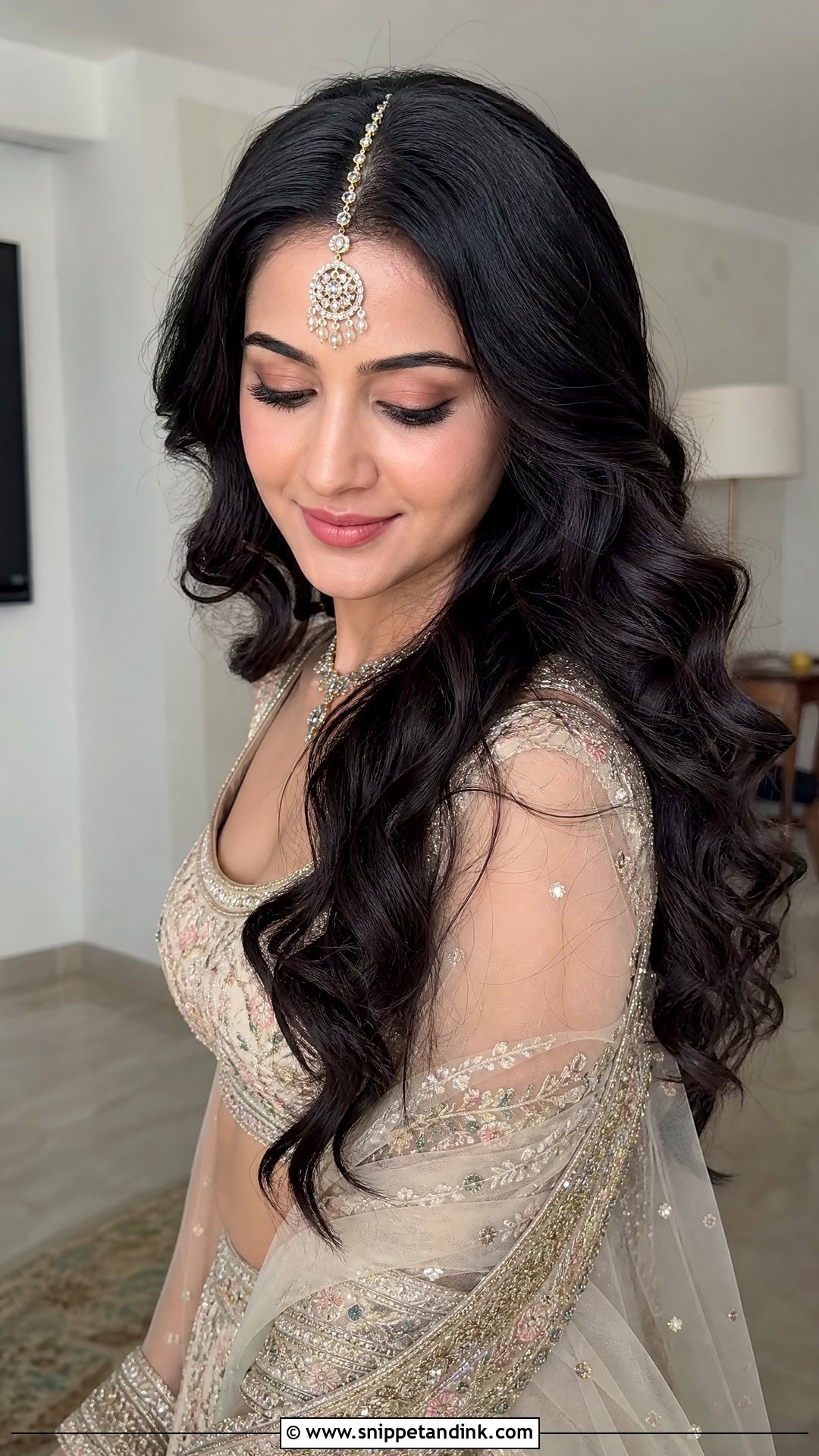 Soft Waves With Maang Tikka - Snippet and Ink - 20 Easy Indian Hairstyles for Wedding Guest