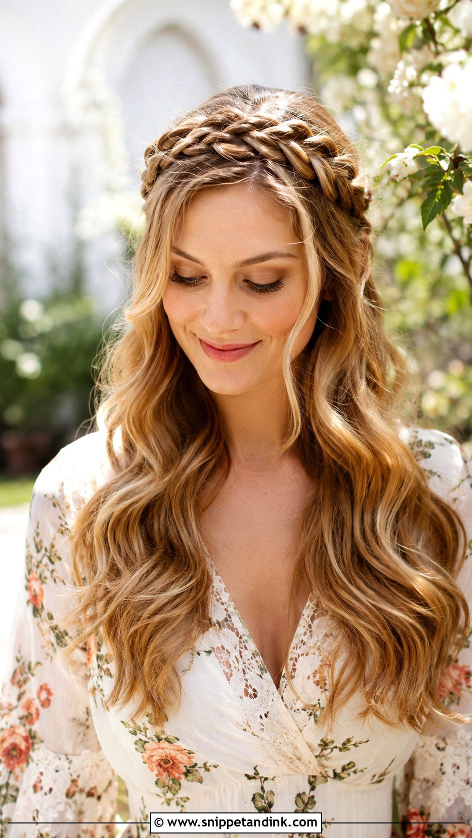 Soft Waves With a Braided Crown - Snippet and Ink - 25 Wedding Guest Hair Down Ideas