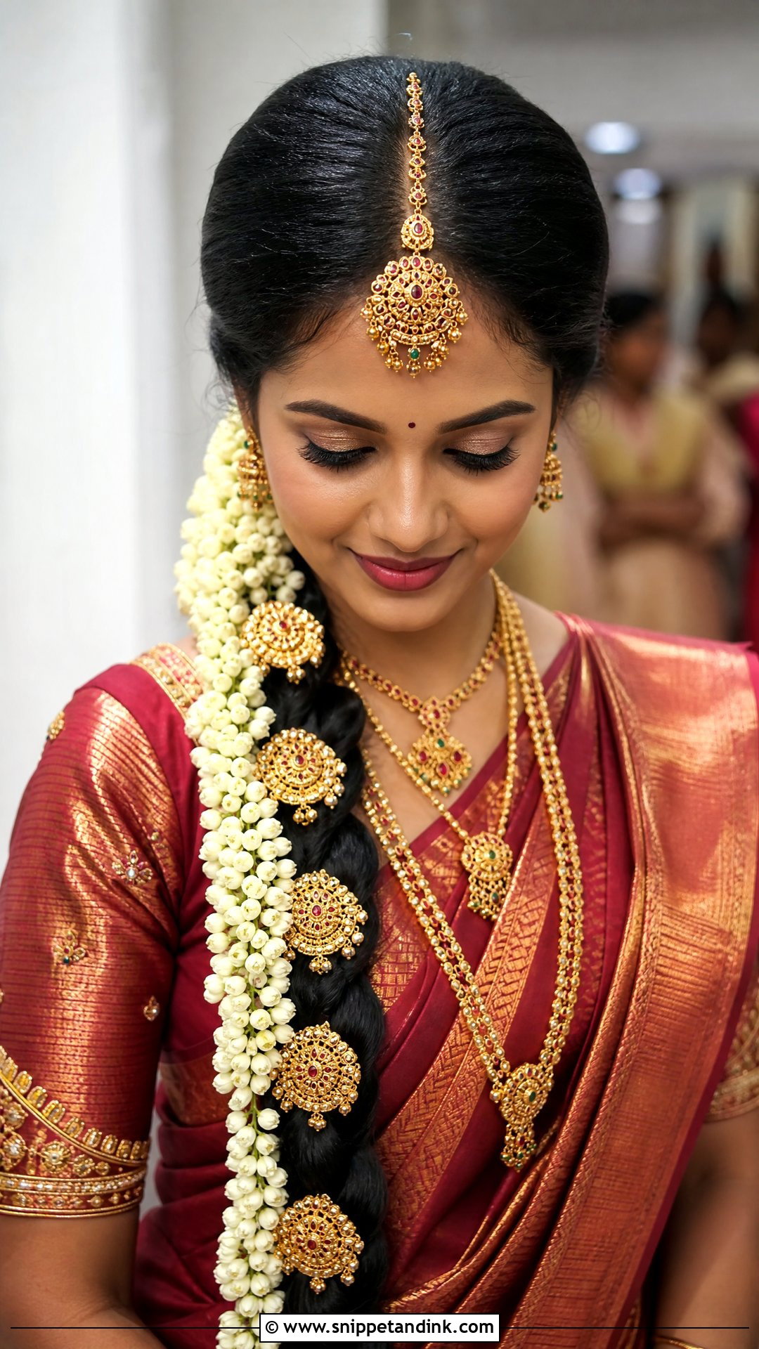 South Indian Bridal Braid With Maang Tikka - Snippet and Ink - 20 South Indian Wedding Bridal Hairstyle Ideas