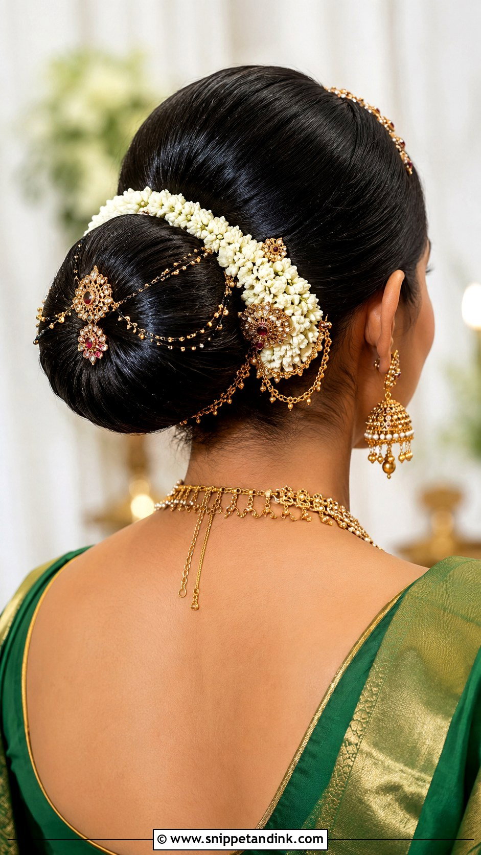 South Indian Bridal Bun With Gold Accessories - Snippet and Ink - 15 South Indian Bride Bun Hairstyle Ideas