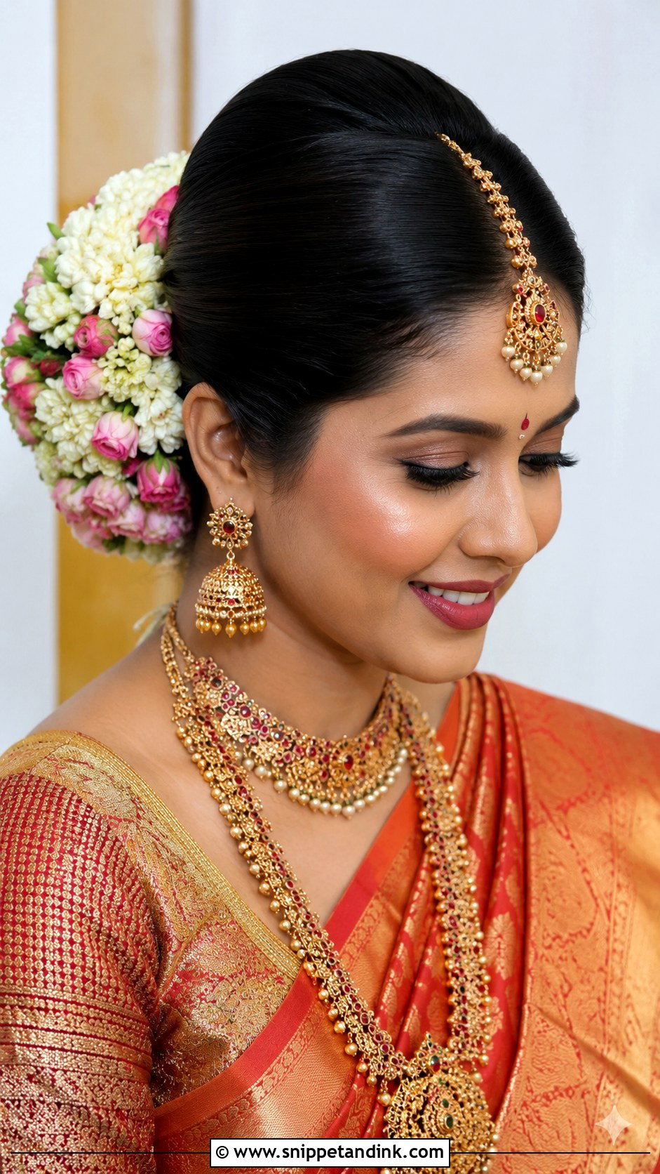 South Indian Bridal Bun With Maang Tikka - Snippet and Ink - 15 South Indian Bride Bun Hairstyle Ideas