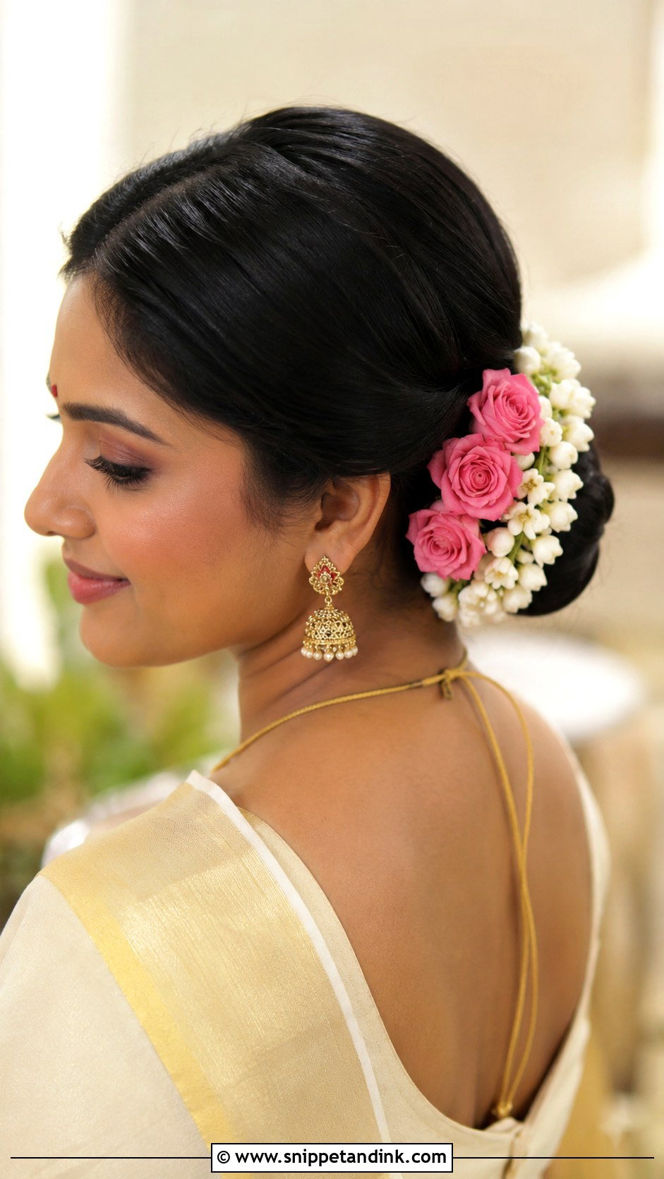 South Indian Bridal Bun With Side Flowers - Snippet and Ink - 15 South Indian Bride Bun Hairstyle Ideas