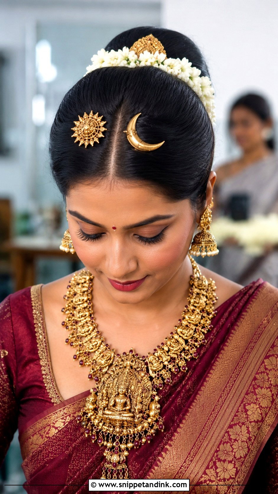 South Indian Bridal Bun With Temple Jewelry - Snippet and Ink - 15 South Indian Bride Bun Hairstyle Ideas