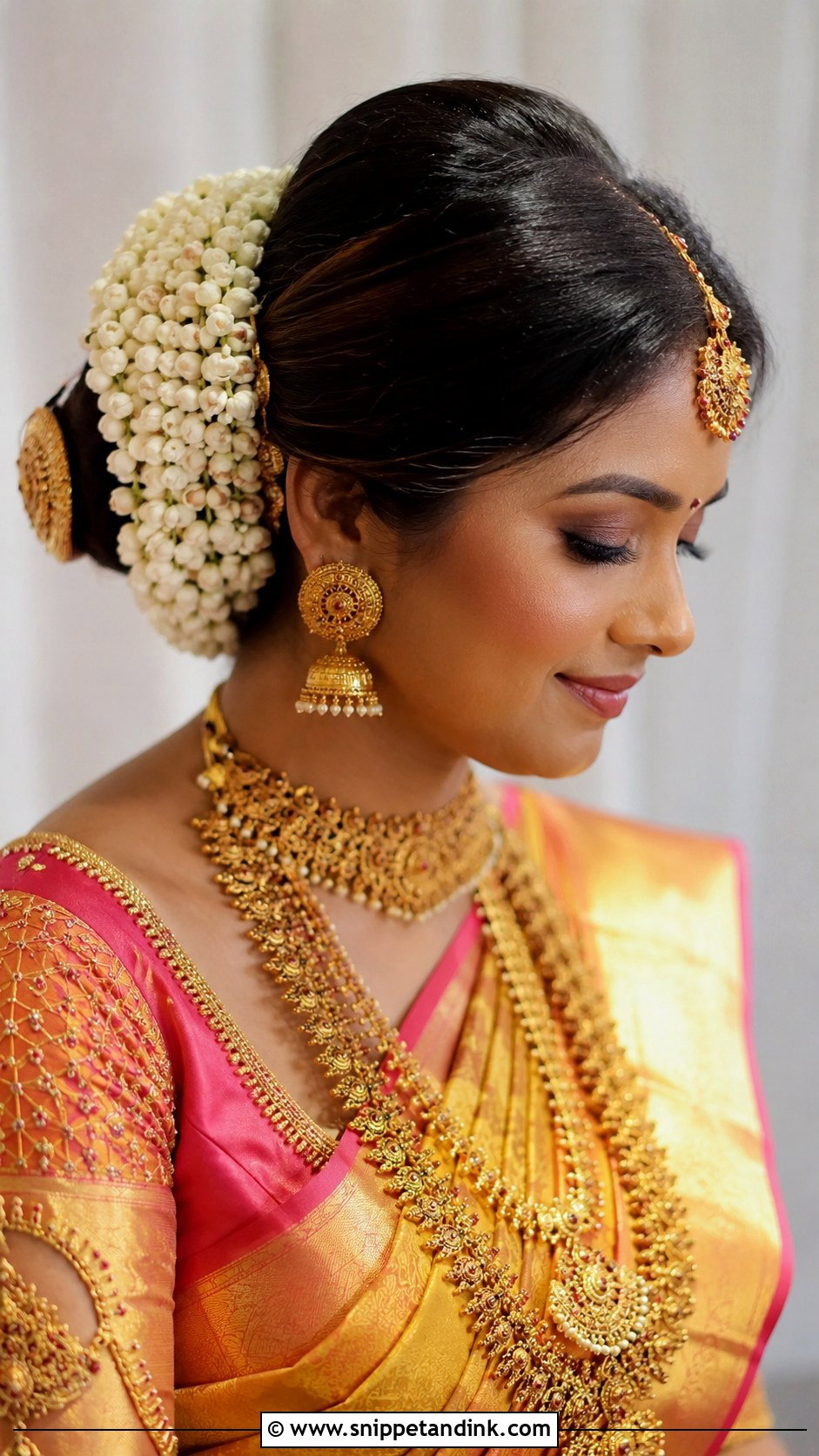 South Indian Bridal Bun With Temple Jewelry - Snippet and Ink - 20 Indian Hair Bun for Wedding Ideas