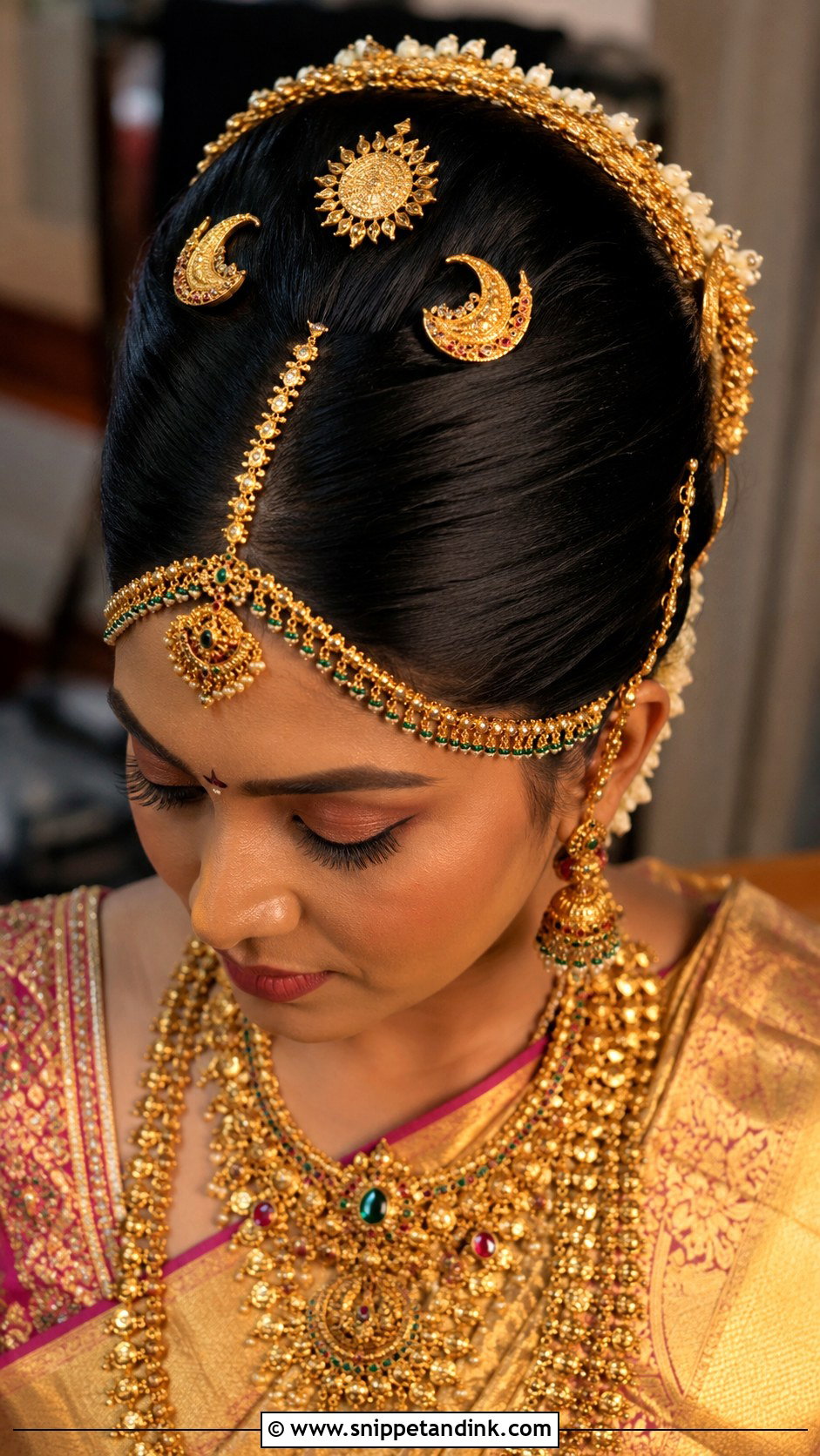 South Indian Bridal Bun With Temple Jewelry - Snippet and Ink - 15 South Bridal Hairstyle Ideas