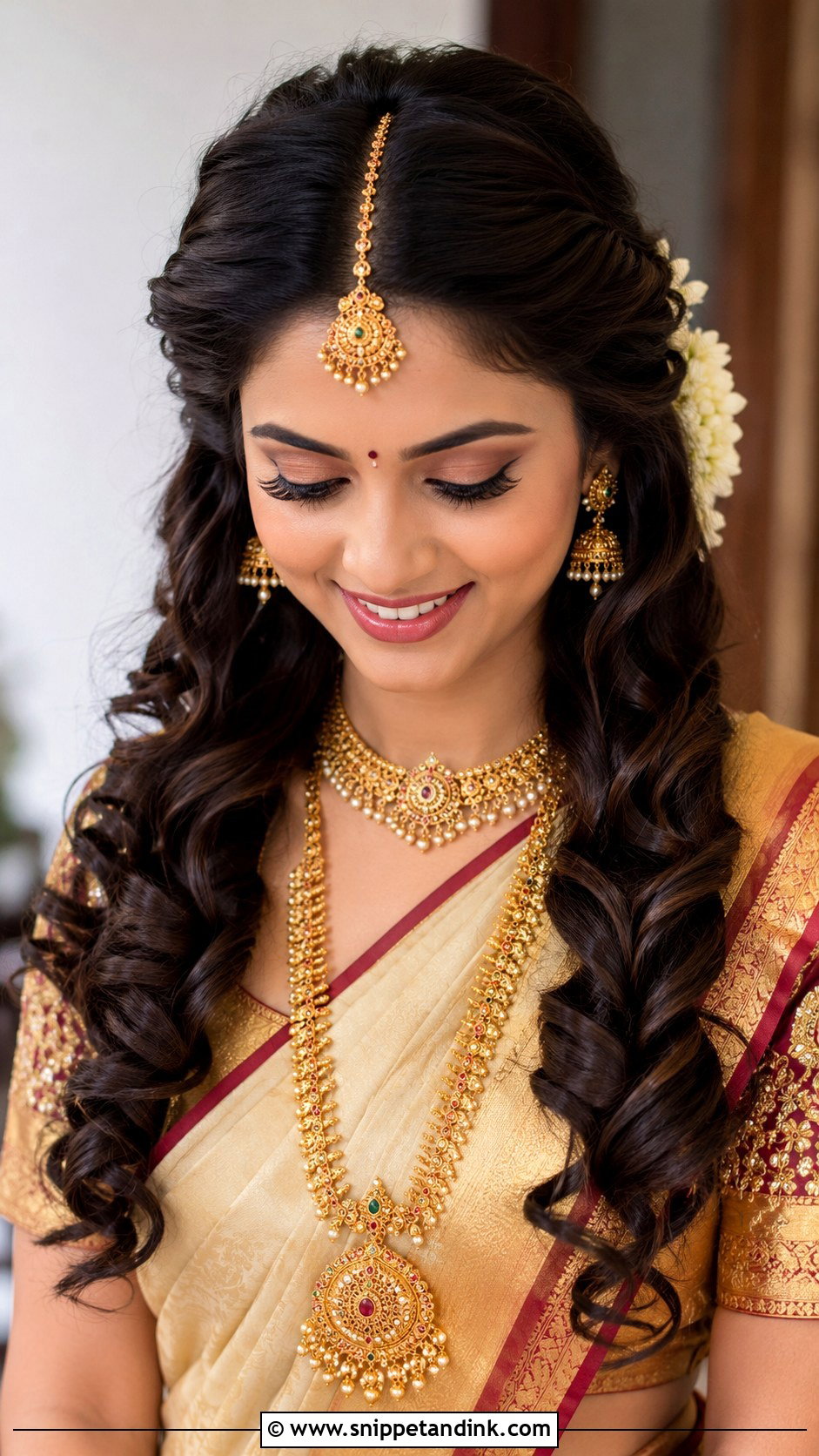 South Indian Bridal Curls With Maang Tikka - Snippet and Ink - 15 South Bridal Hairstyle Ideas