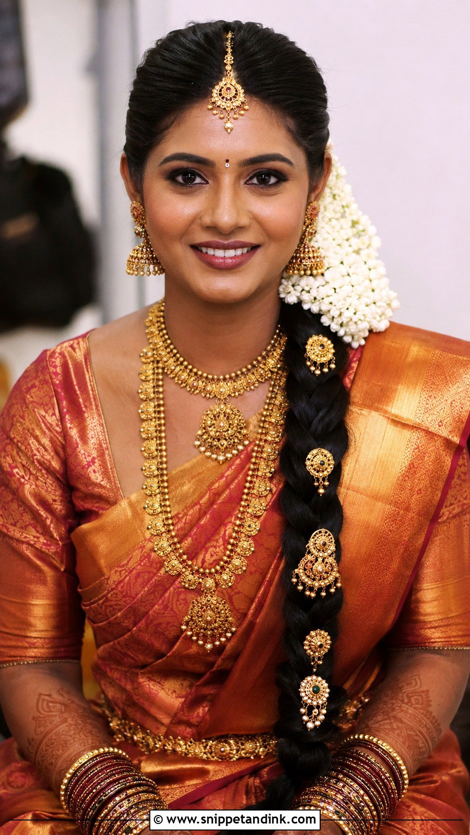 South Indian Bridal Long Braid Front View - Snippet and Ink - 20 Indian Front View Bridal Hairstyles