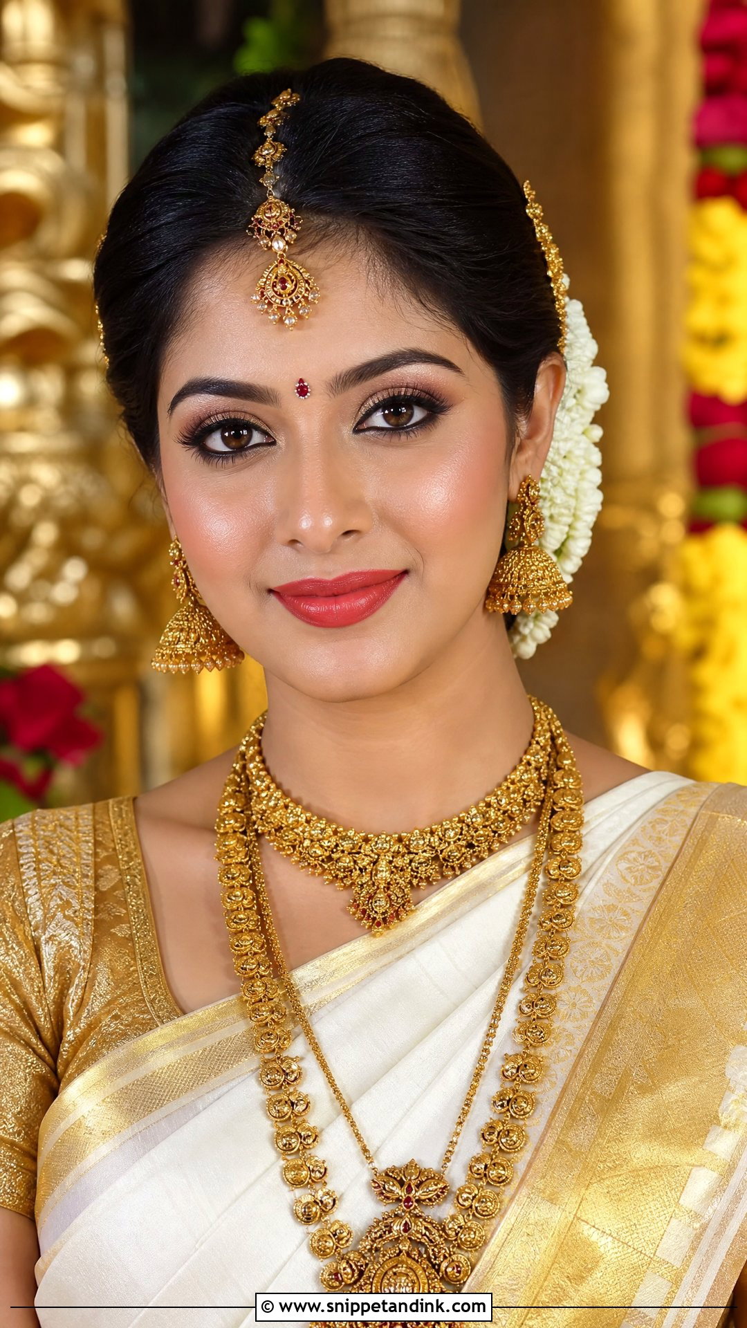South Indian Bridal Makeup With White And Gold Saree - Snippet and Ink - 25 South Indian Bridal Makeup Ideas