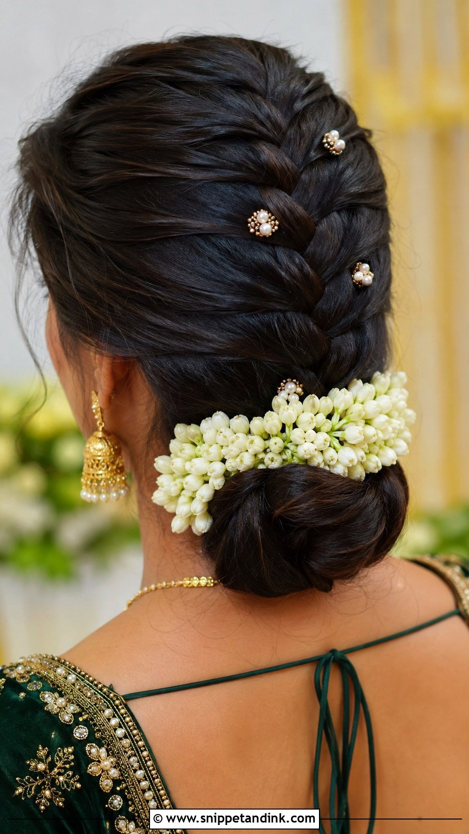 South Indian Bridesmaid French Braid Bun - Snippet and Ink - 20 South Indian Bridesmaid Hairstyle Ideas