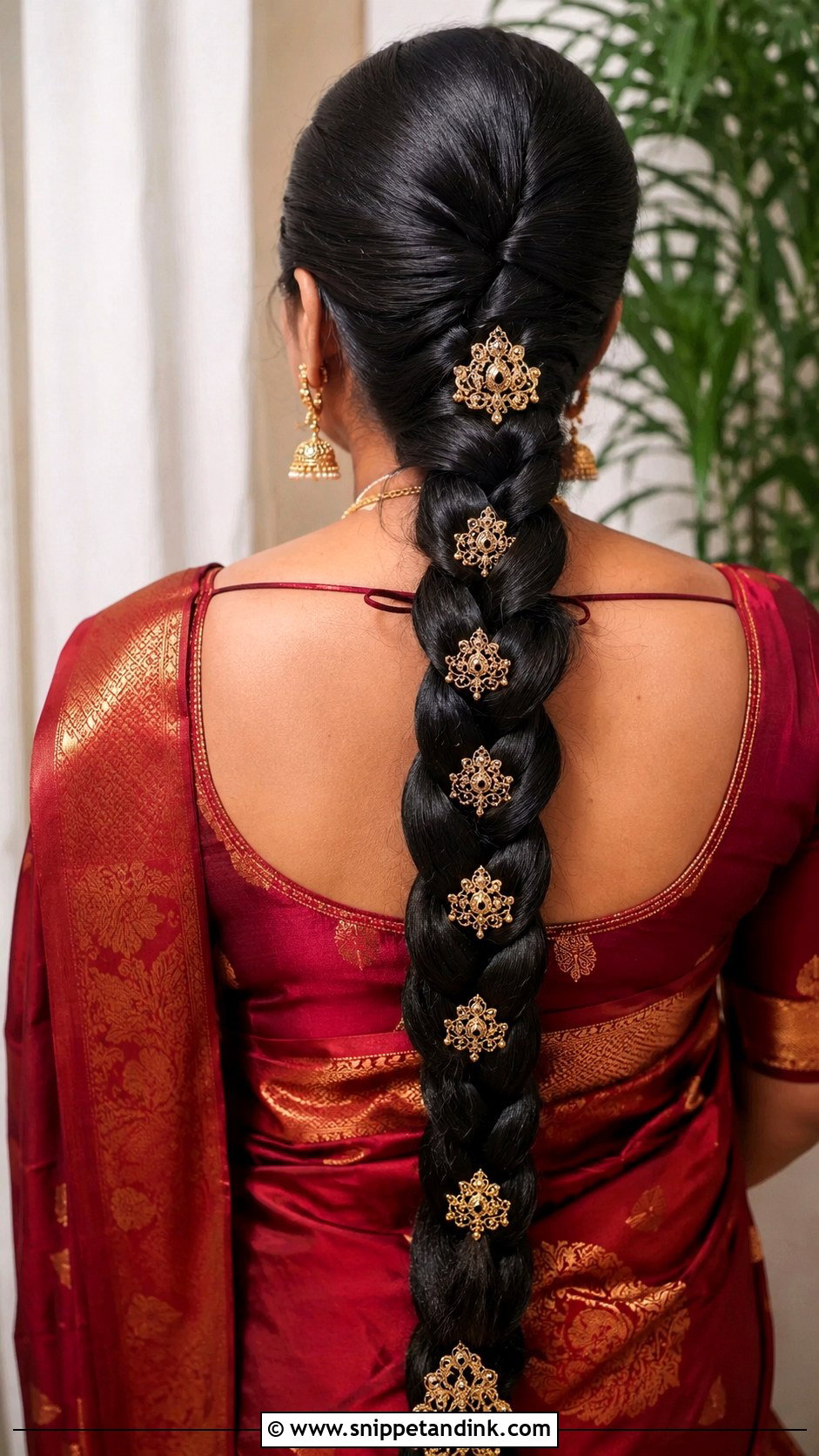 South Indian Bridesmaid Long Braid With Gold Accessories - Snippet and Ink - 20 South Indian Bridesmaid Hairstyle Ideas