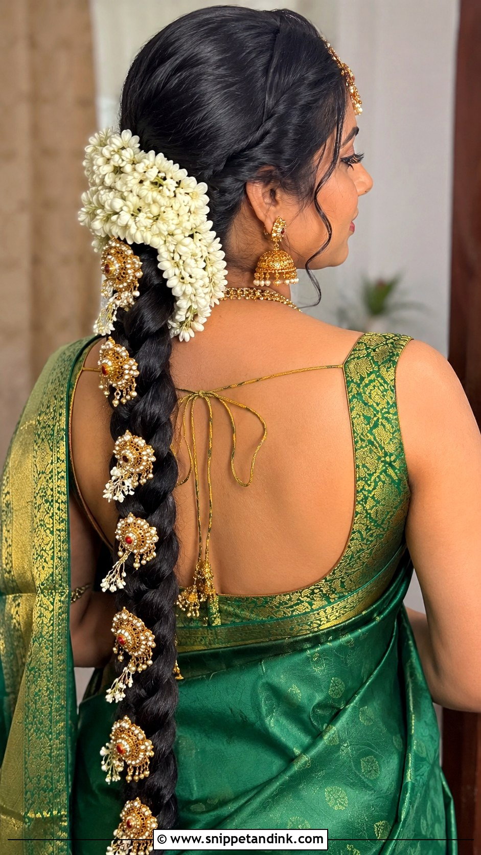 South Indian Long Braid With Jasmine - Snippet and Ink - 25 Indian Wedding Hairstyle for Chubby Face Ideas
