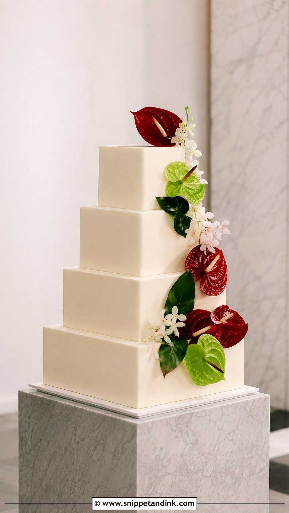 Square Anthurium Wedding Cake - Snippet and Ink - 20 Anthurium Wedding Cake Ideas