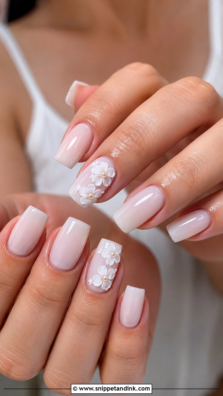 Square Bridal Nails With 3D Flowers - Snippet and Ink - 20 Square Bridal Wedding Nails