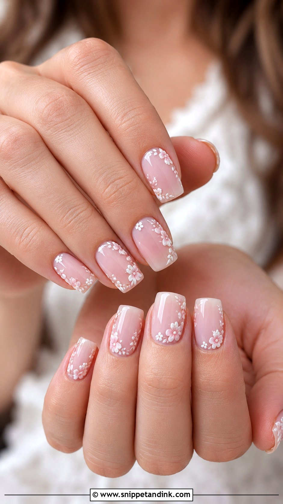 Square Bridal Nails With Floral Design - Snippet and Ink - 20 Square Bridal Wedding Nails