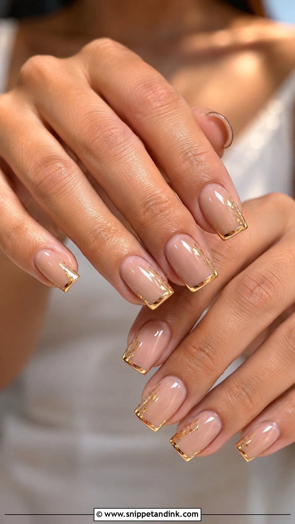 Square Bridal Nails With Gold Accent - Snippet and Ink - 20 Square Bridal Wedding Nails