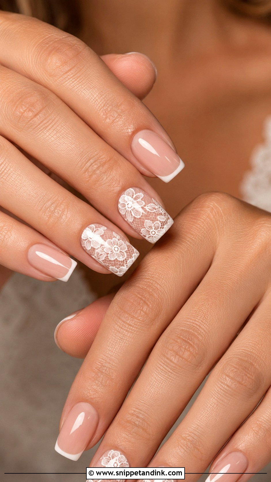 Square Bridal Nails With Lace Design - Snippet and Ink - 20 Square Bridal Wedding Nails