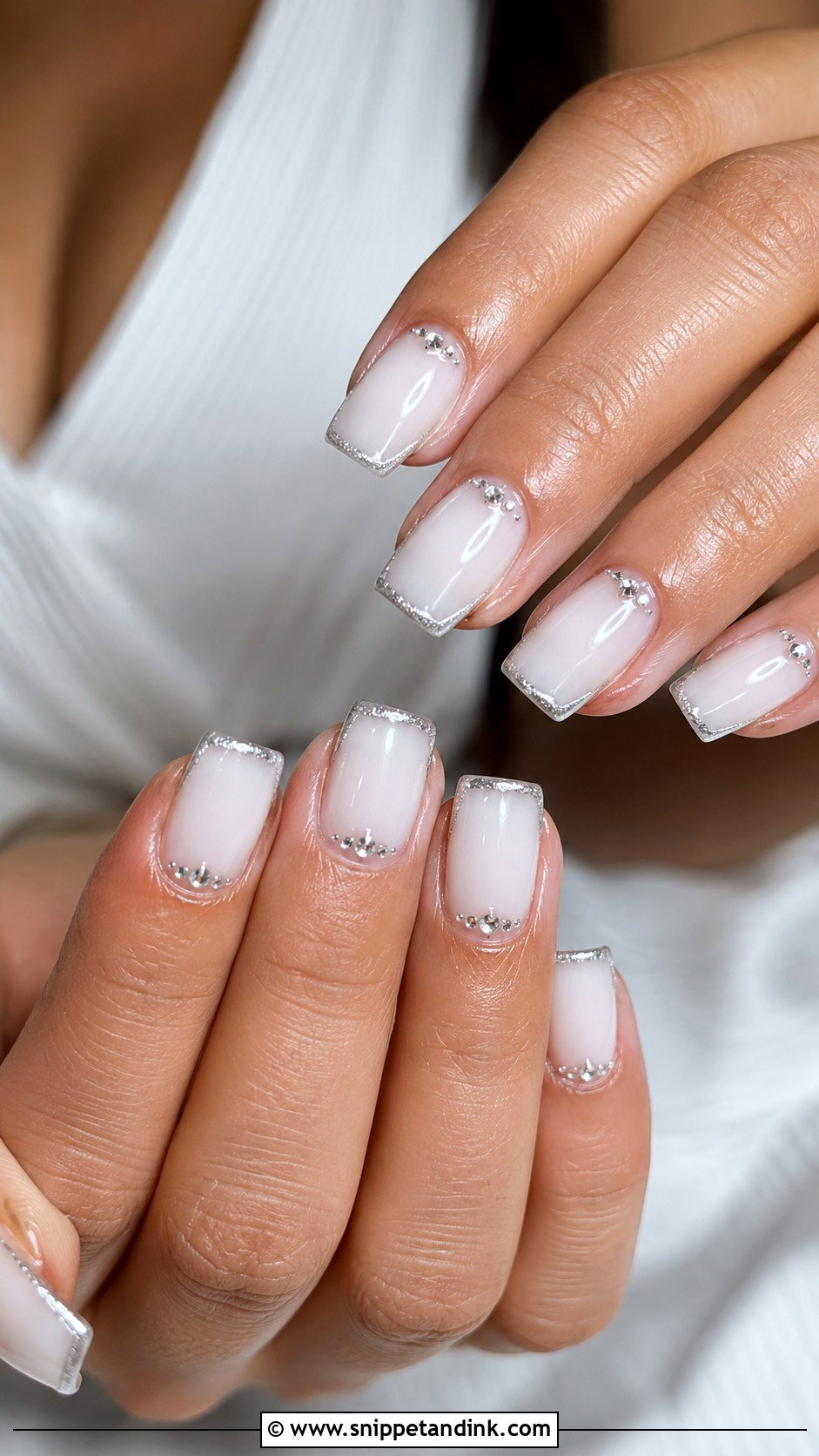Square Bridal Nails With Silver Accent - Snippet and Ink - 20 Square Bridal Wedding Nails