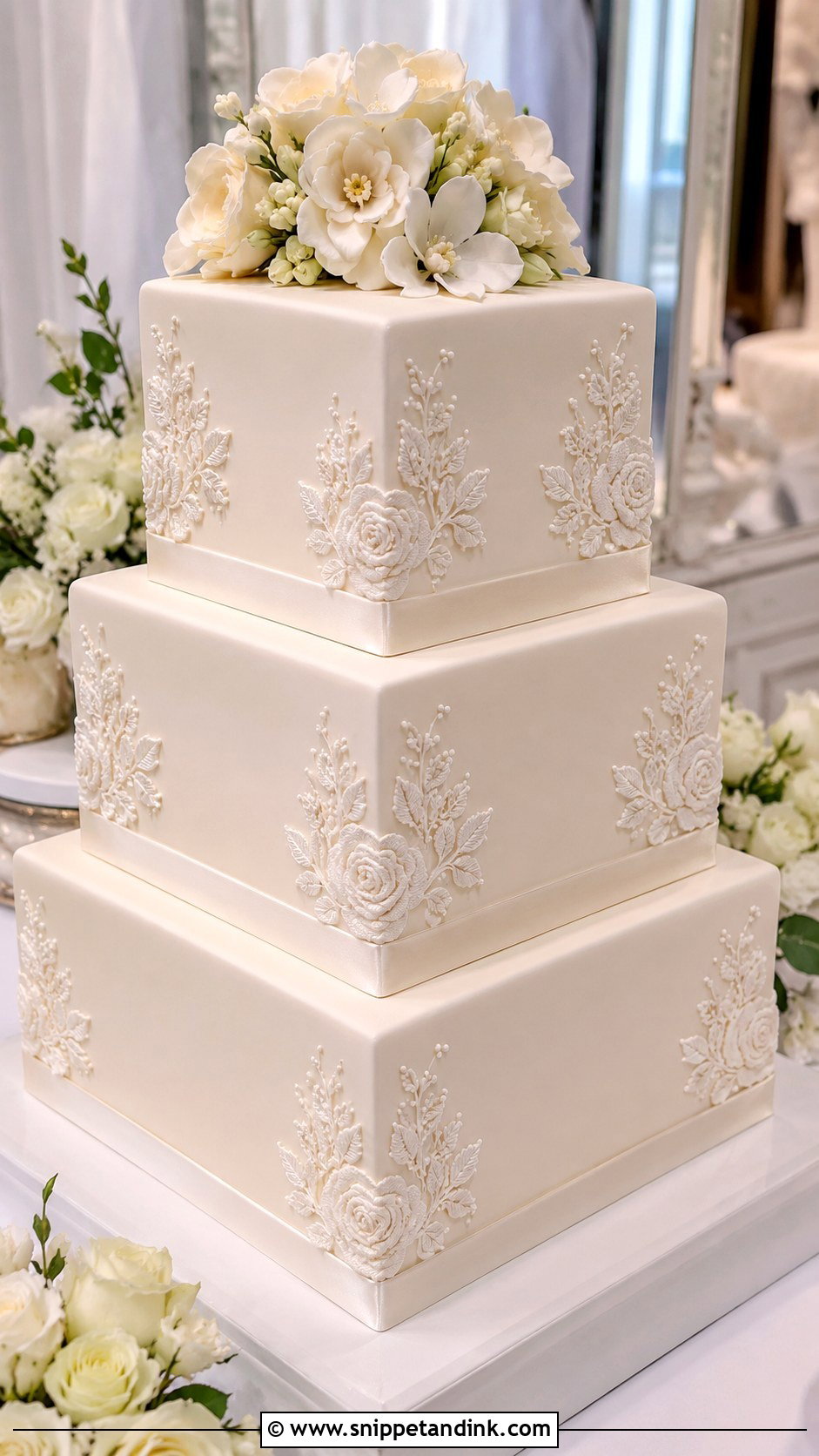Square Brush Embroidery Wedding Cake - Snippet and Ink - 20 Brush Embroidery Wedding Cake Ideas