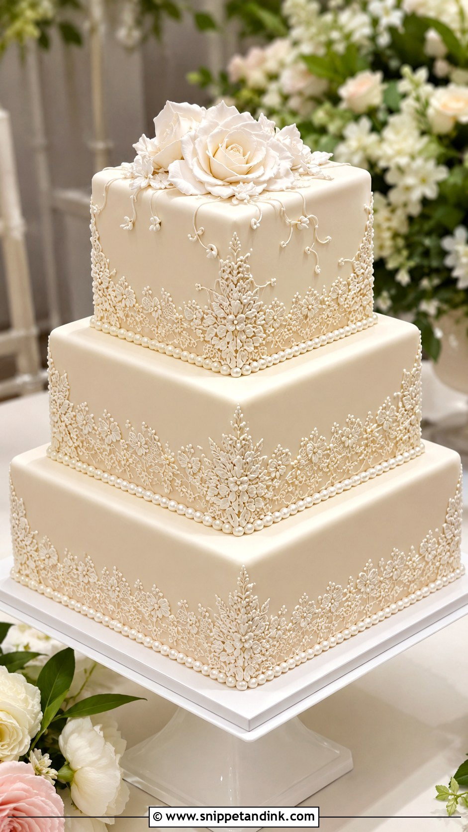Square Embroidery Wedding Cake - Snippet and Ink - 20 Embroidery Cake Design Ideas for Wedding