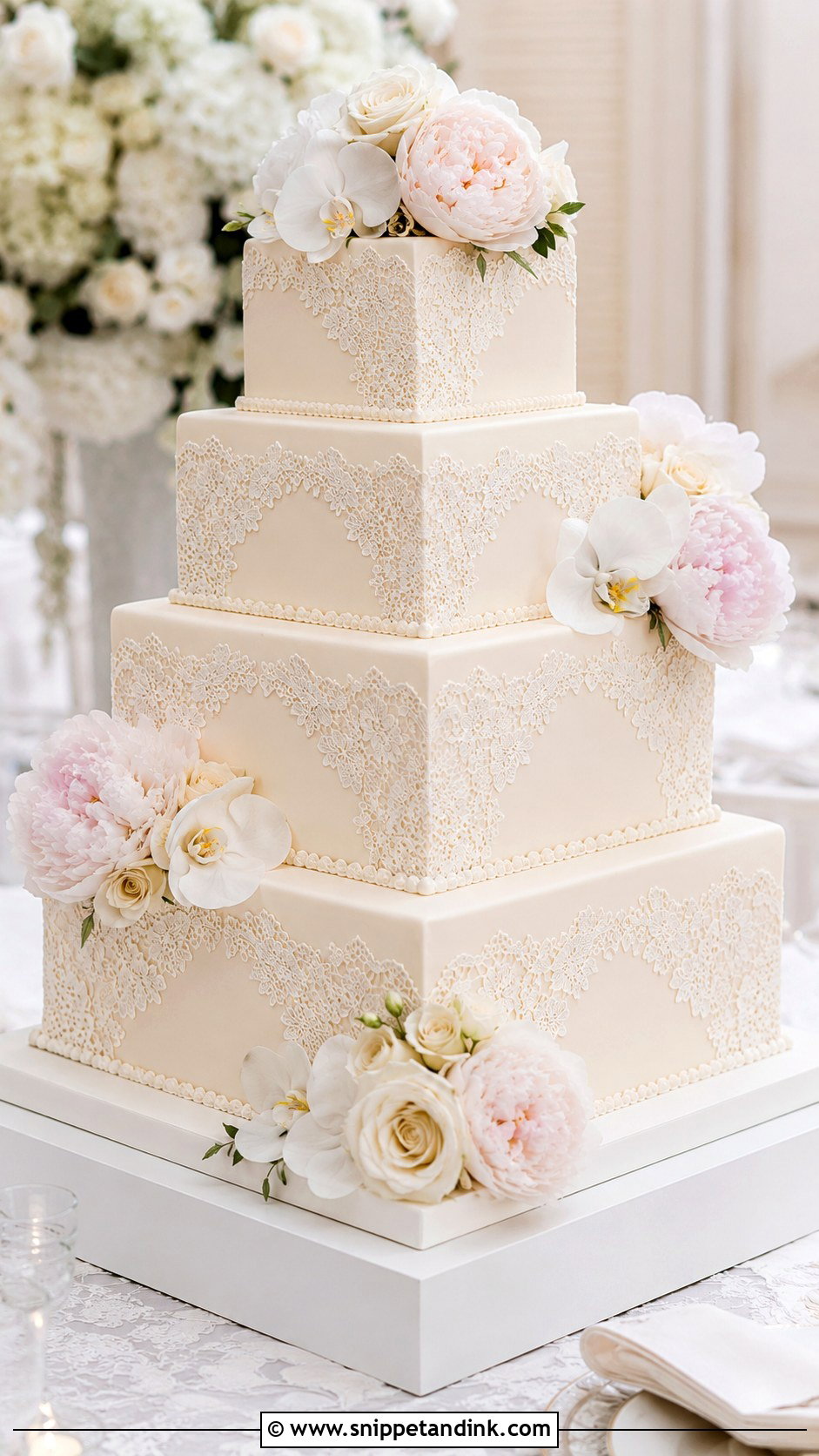 Square Lace Wedding Cake With Flowers - Snippet and Ink - 25 Lace Wedding Cake Ideas with Flowers