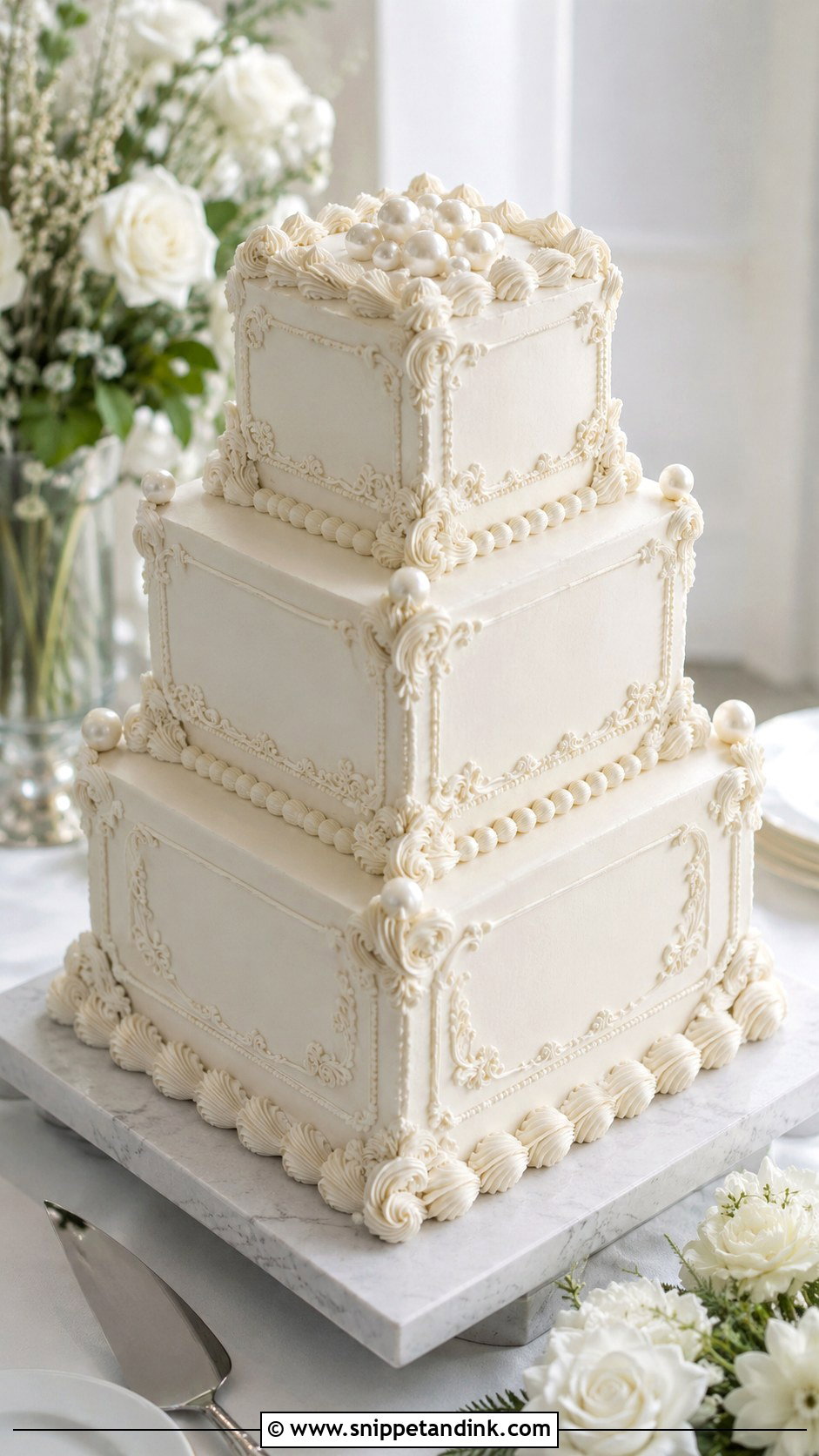 Square Piping Wedding Cake - Snippet and Ink - 20 Traditional Piping Wedding Cake Ideas