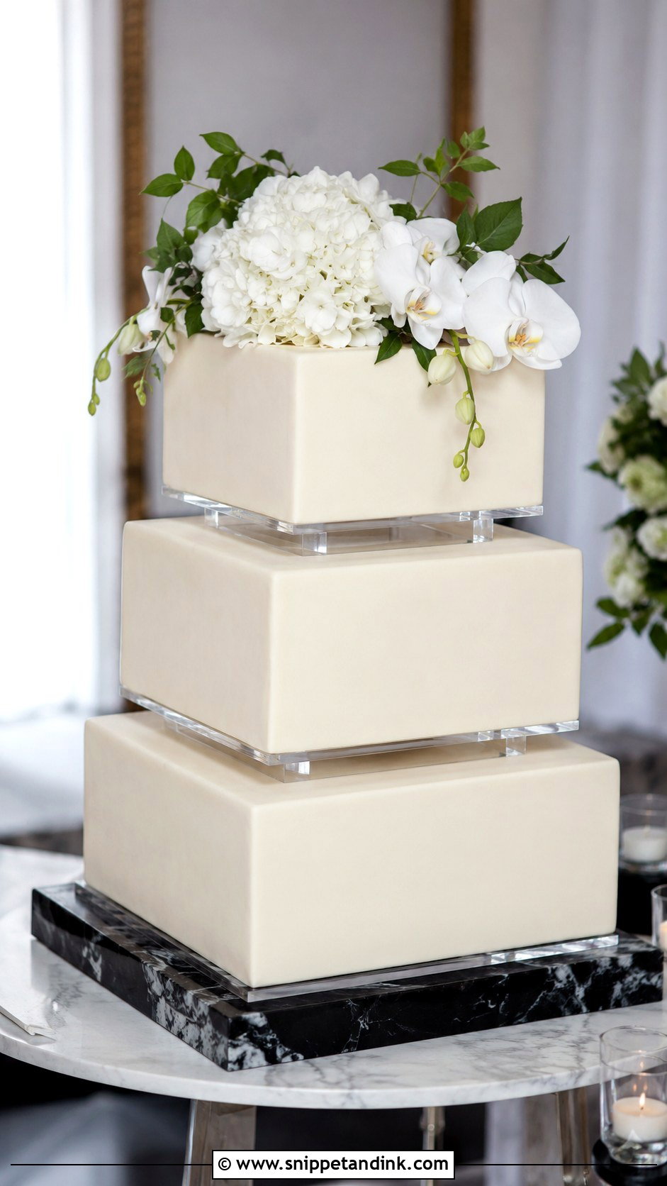 Square Wedding Cake With Acrylic Separator - Snippet and Ink - 20 Wedding Cake Acrylic Separator Ideas