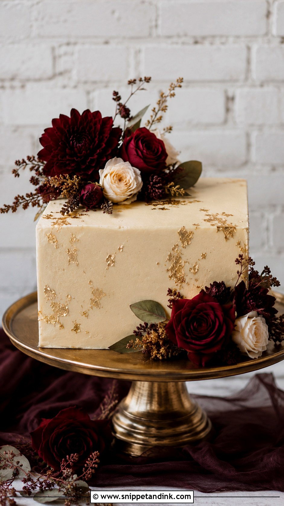 Square Wedding Cake With Burgundy Flowers - Snippet and Ink - 30 Square Wedding Cakes 1 Tier