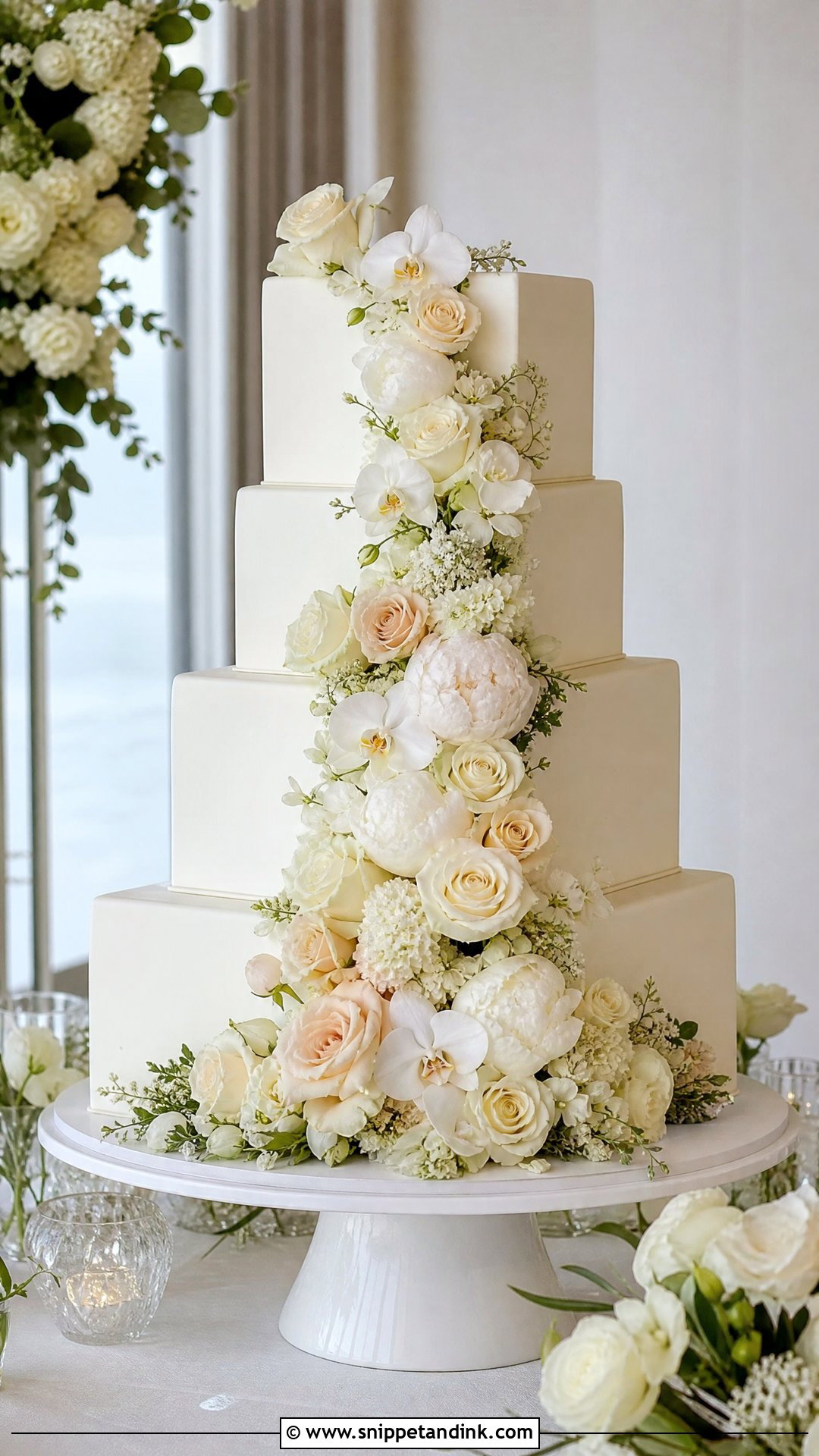 Square Wedding Cake With Cascading Flowers - Snippet and Ink - 20 Square Wedding Cakes