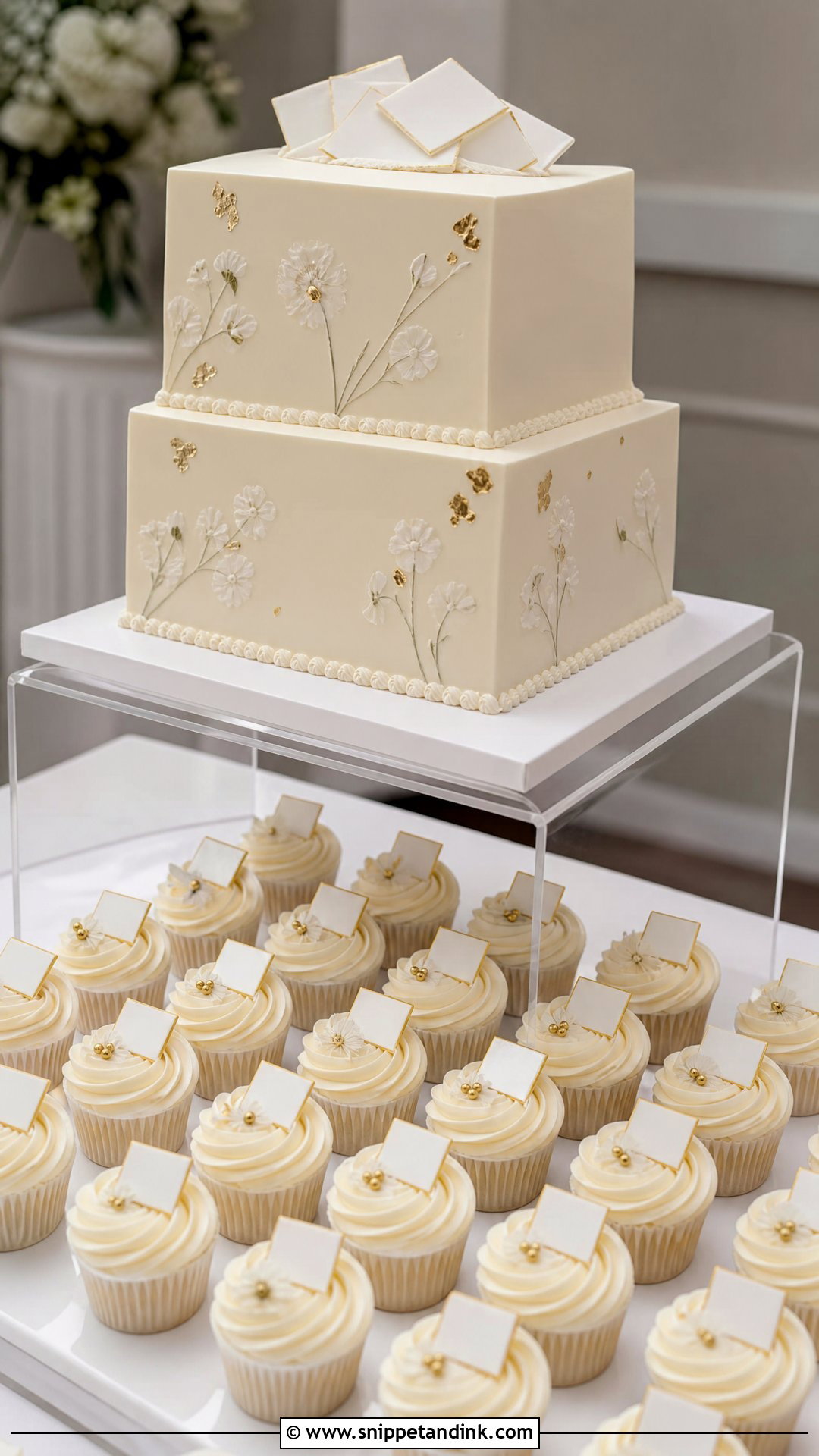 Square Wedding Cake With Cupcakes - Snippet and Ink - 20 Wedding Cake and Cupcake Display