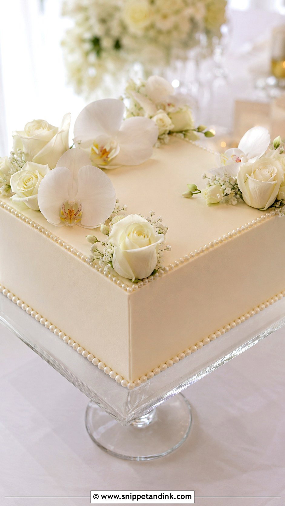 Square Wedding Cake With Flowers And Pearls - Snippet and Ink - 30 Wedding Cake Ideas with Flowers and Pearls