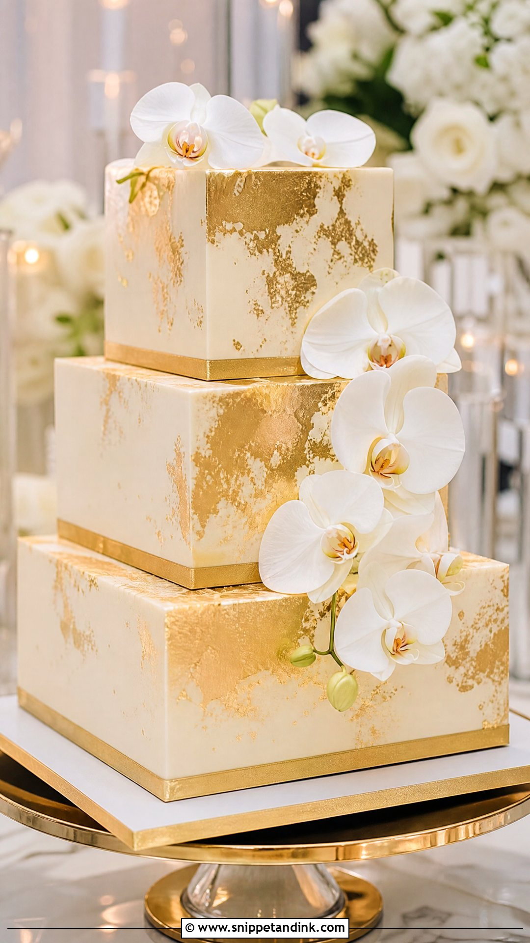 Square Wedding Cake With Gold - Snippet and Ink - 20 Square Wedding Cakes