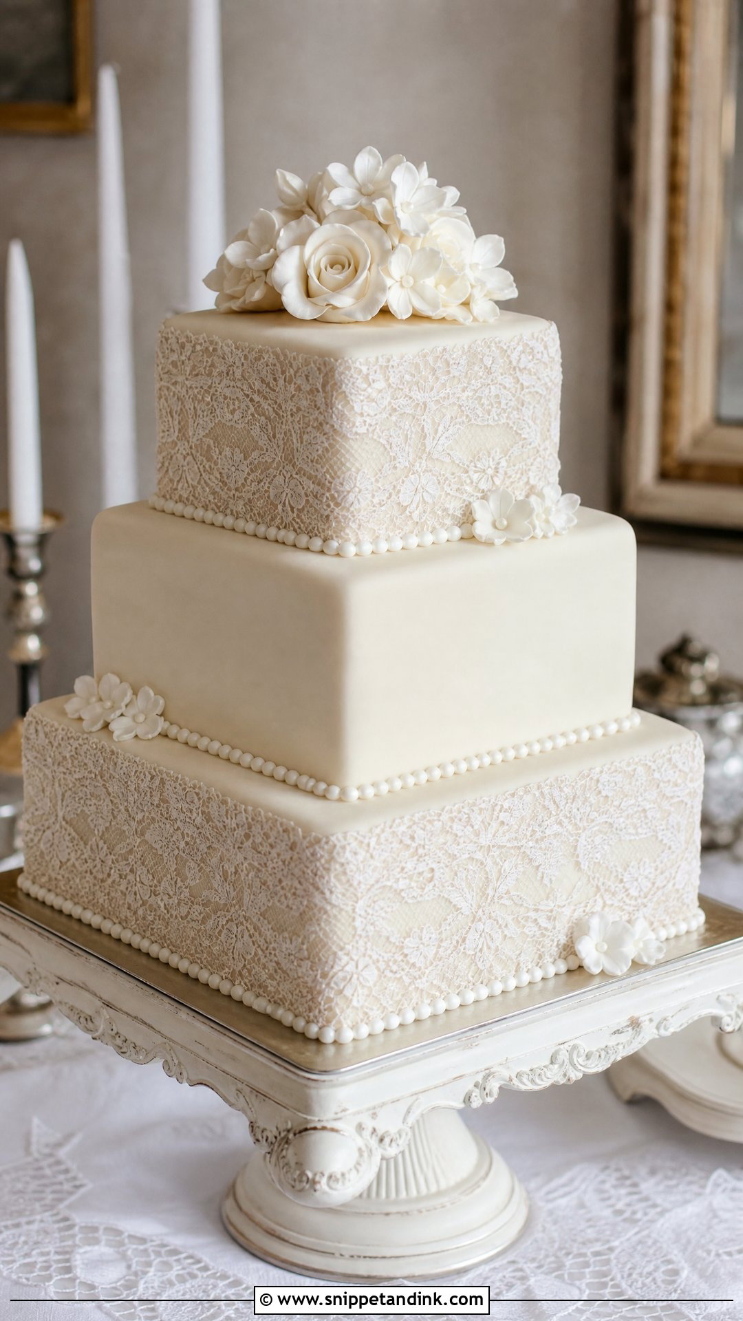 Square Wedding Cake With Lace - Snippet and Ink - 20 Square Wedding Cakes