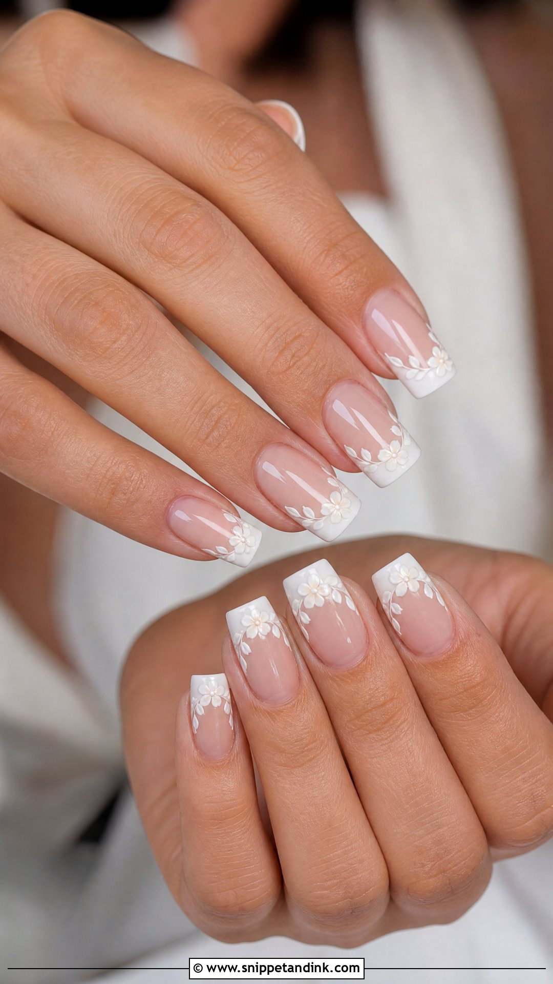 Square Wedding Nails With White Floral French Tips - Snippet and Ink - 25 Square Wedding Nails for Bride