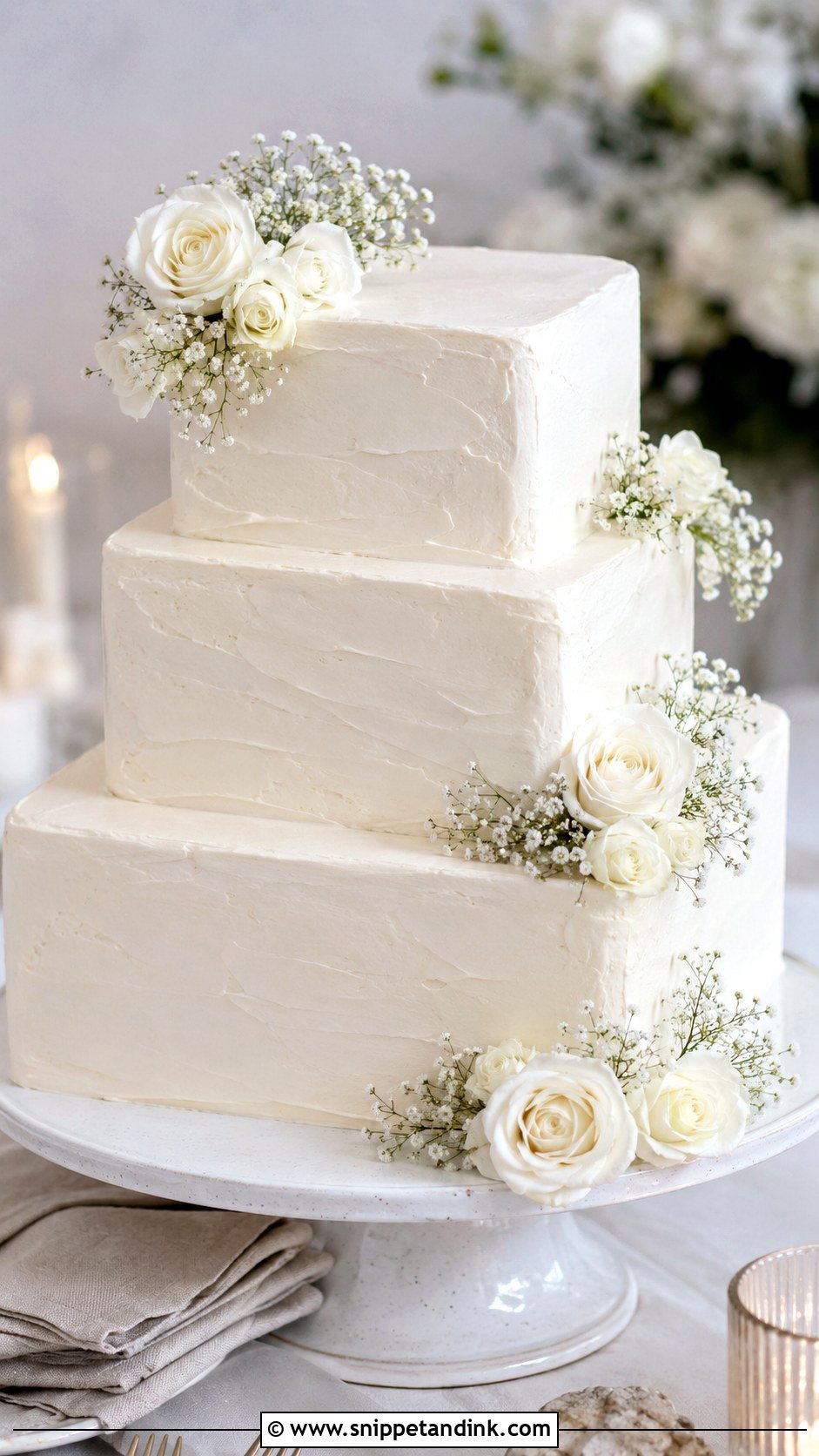 Square White Buttercream Wedding Cake - Snippet and Ink - 25 Square White Wedding Cake Ideas