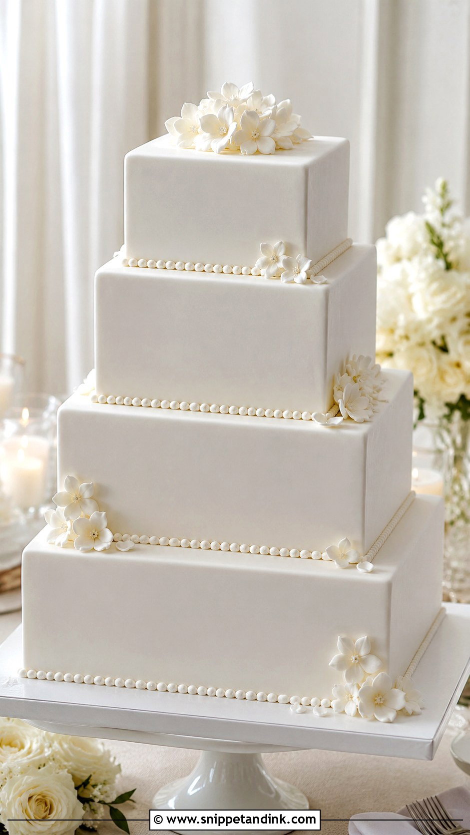 Square White Fondant Wedding Cake - Snippet and Ink - 25 Square White Wedding Cake Ideas