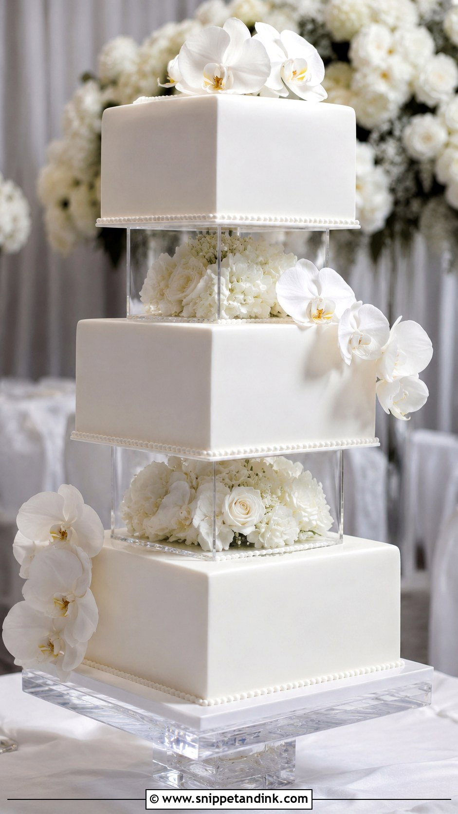 Square White Wedding Cake With Acrylic Separator - Snippet and Ink - 25 Square White Wedding Cake Ideas