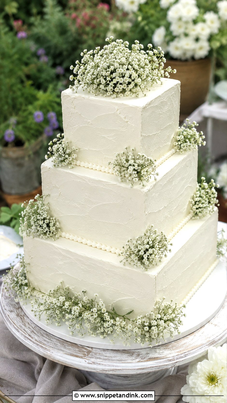 Square White Wedding Cake With Babys Breath - Snippet and Ink - 25 Square White Wedding Cake Ideas