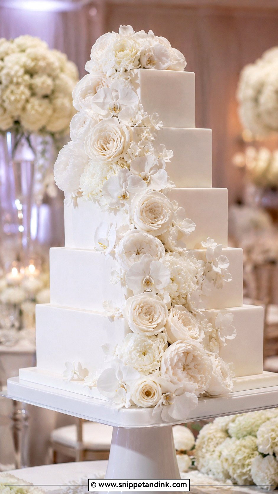 Square White Wedding Cake With Cascading Flowers - Snippet and Ink - 25 Square White Wedding Cake Ideas