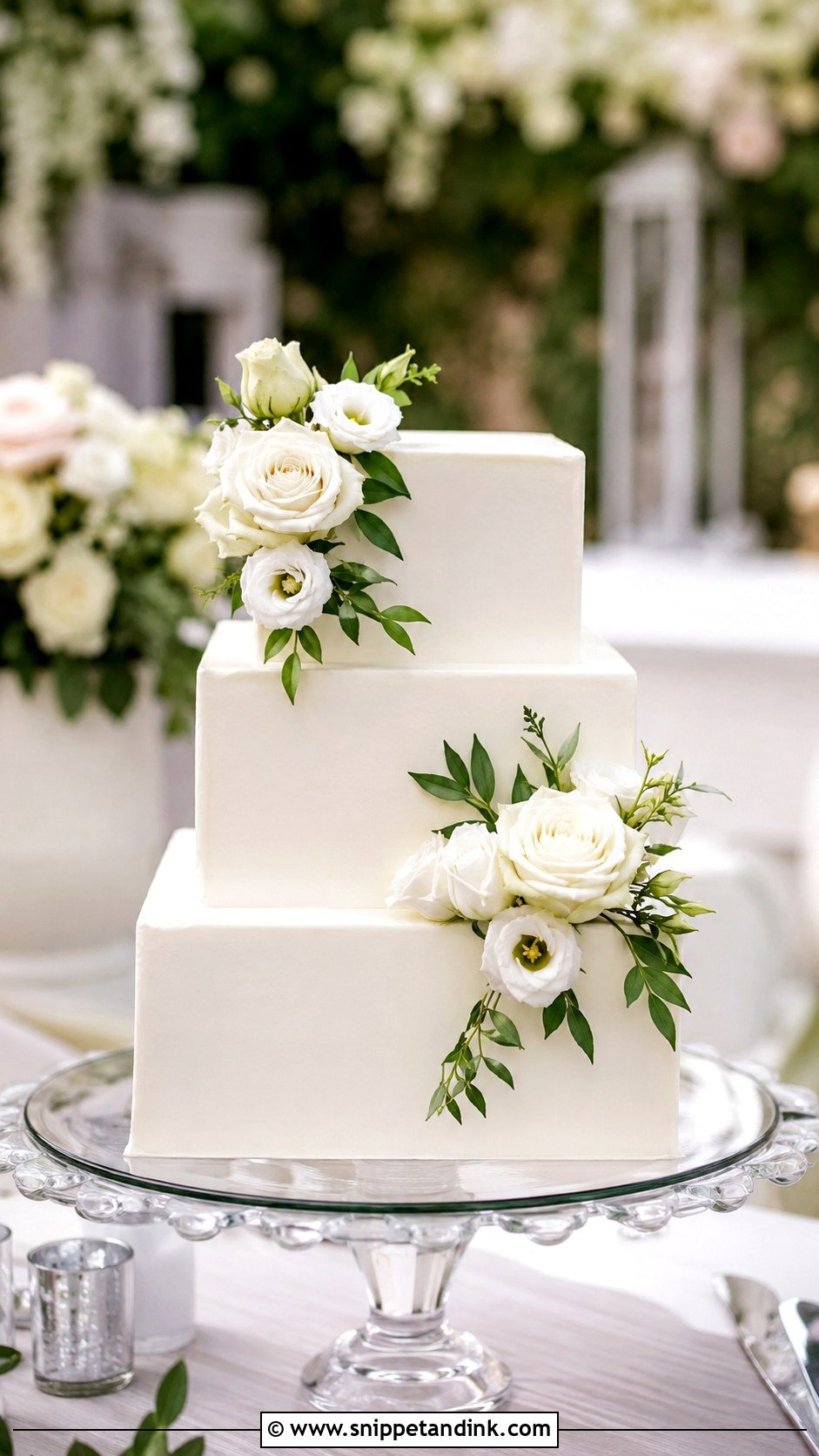 Square White Wedding Cake With Fresh Flowers - Snippet and Ink - 25 Square White Wedding Cake Ideas